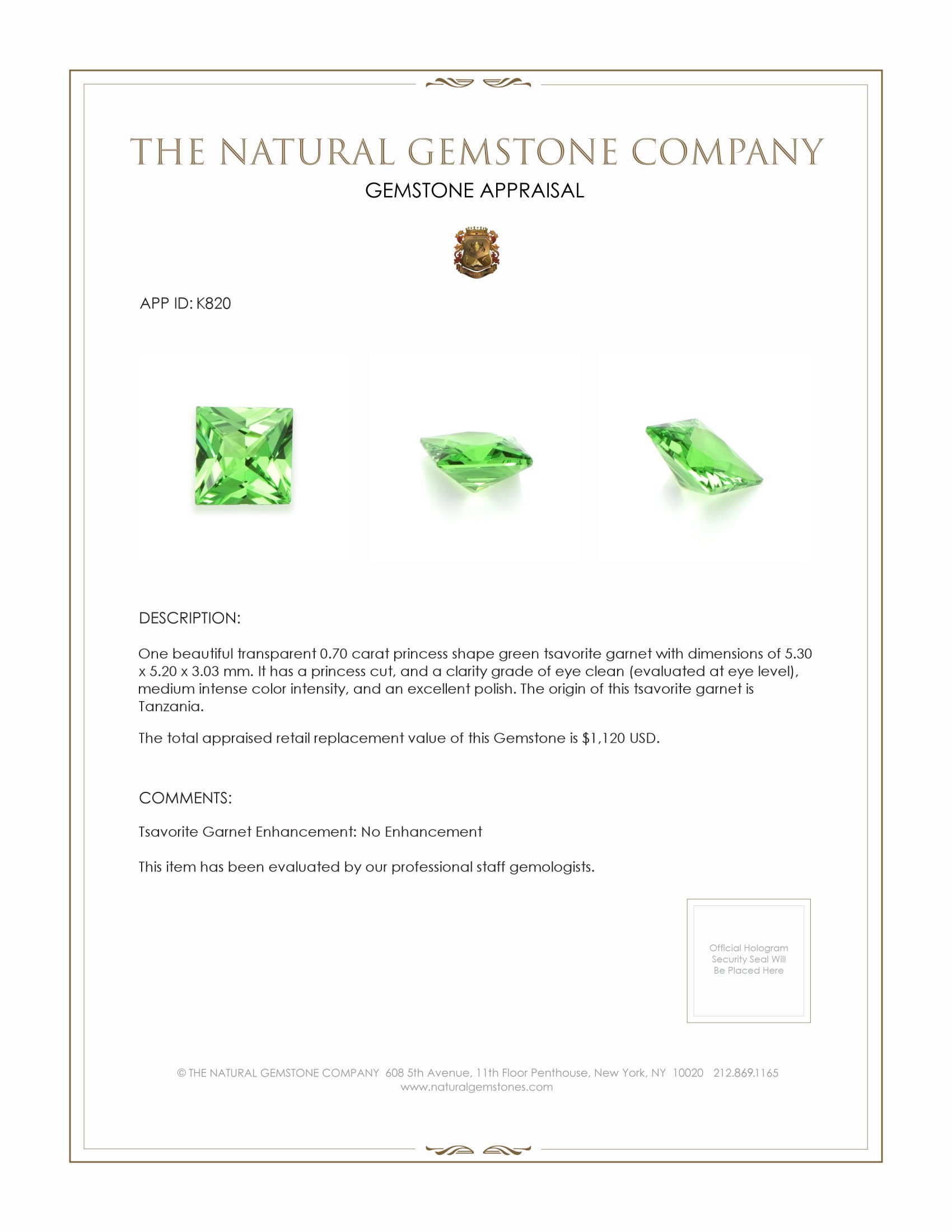 0.70 Ct. Tsavorite Garnet from Tanzania