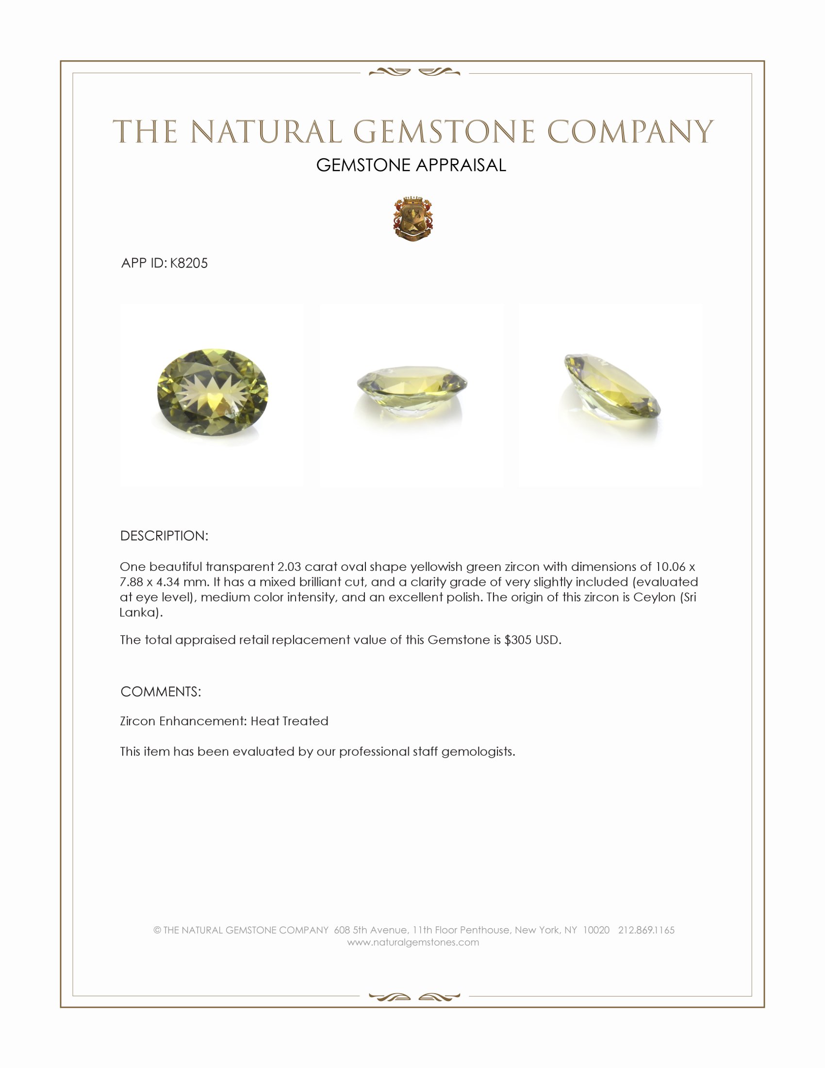 2.03 Ct. Yellowish Green Zircon from Ceylon (Sri Lanka)