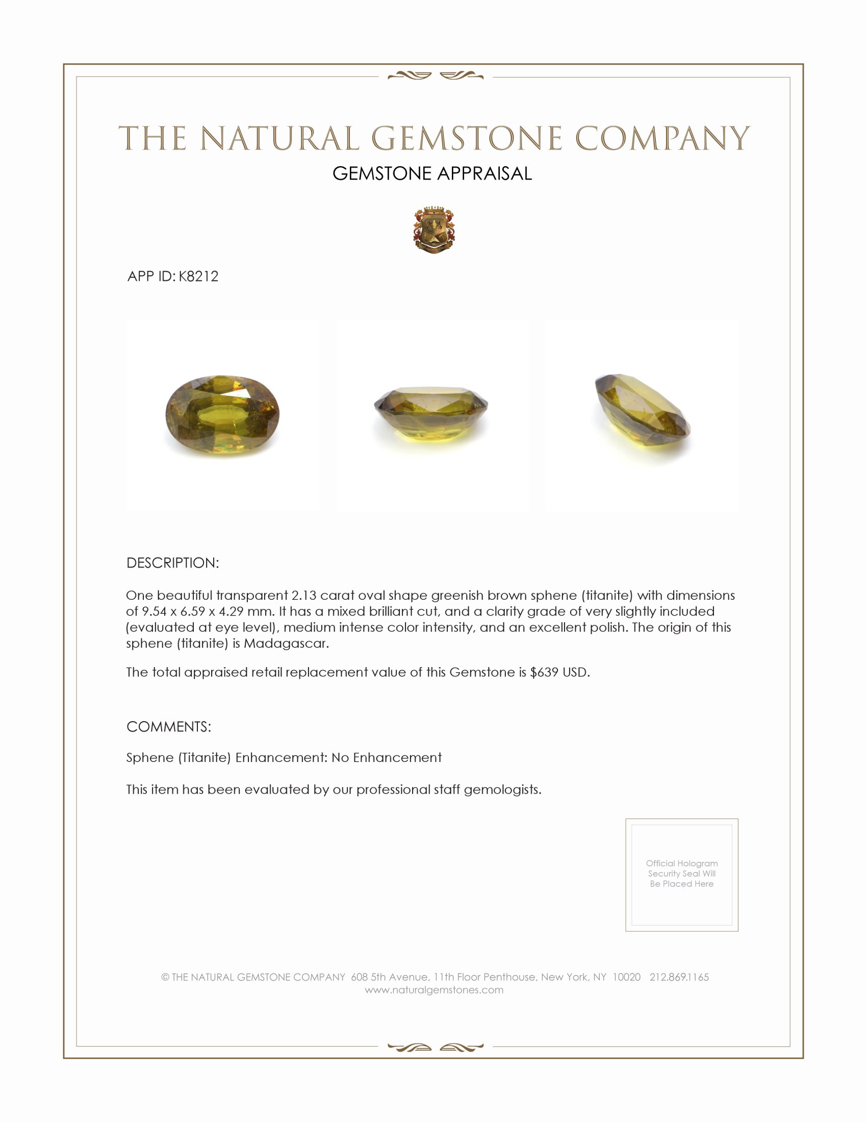 2.13 Ct. Sphene (Titanite) from Madagascar