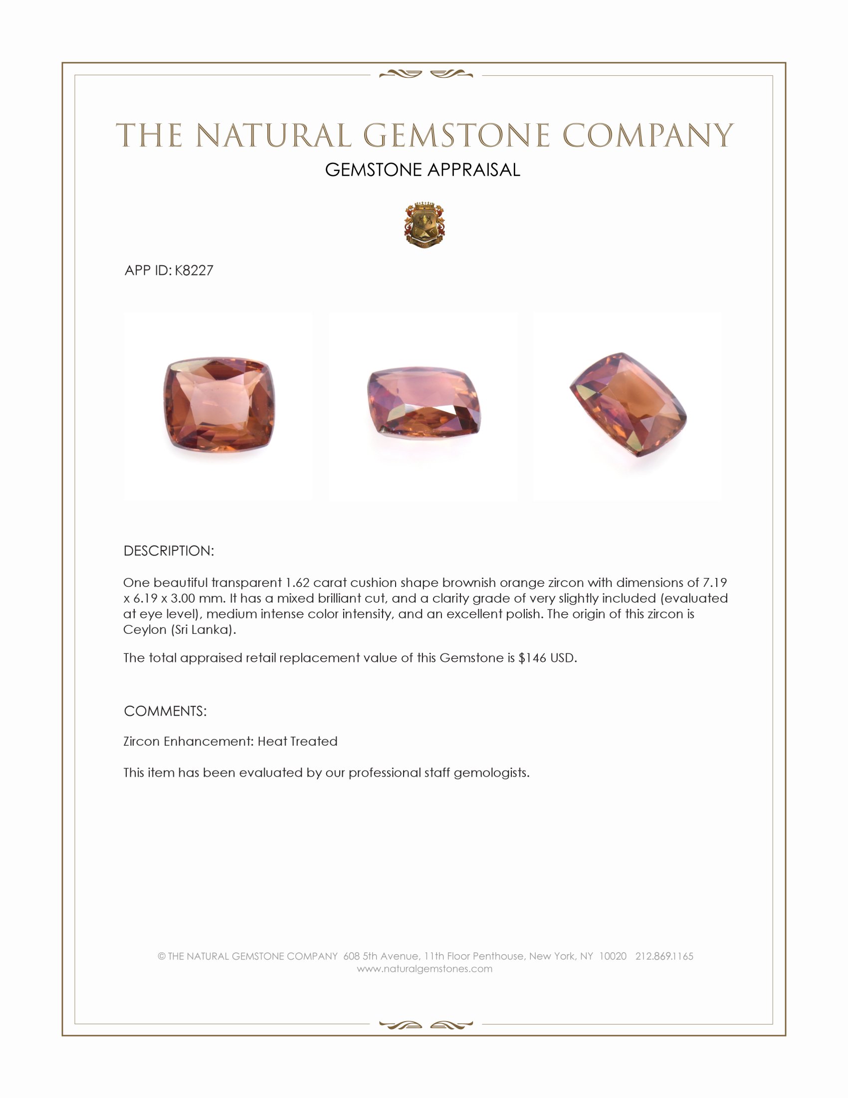 1.62 Ct. Zircon from Ceylon (Sri Lanka)