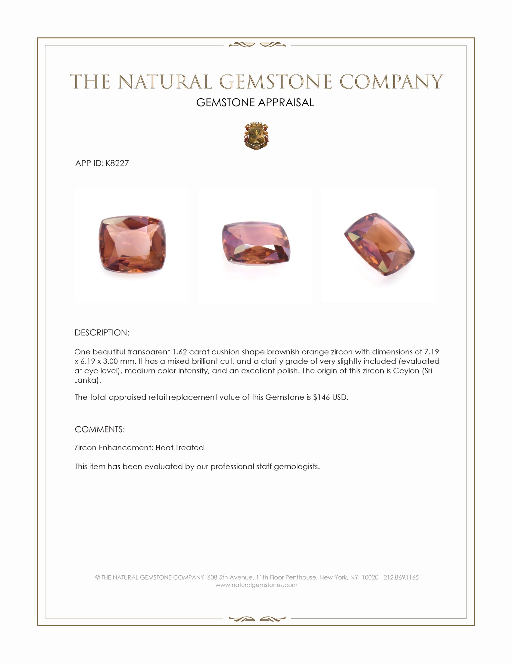 1.62 Ct. Brownish Orange Zircon from Ceylon (Sri Lanka)