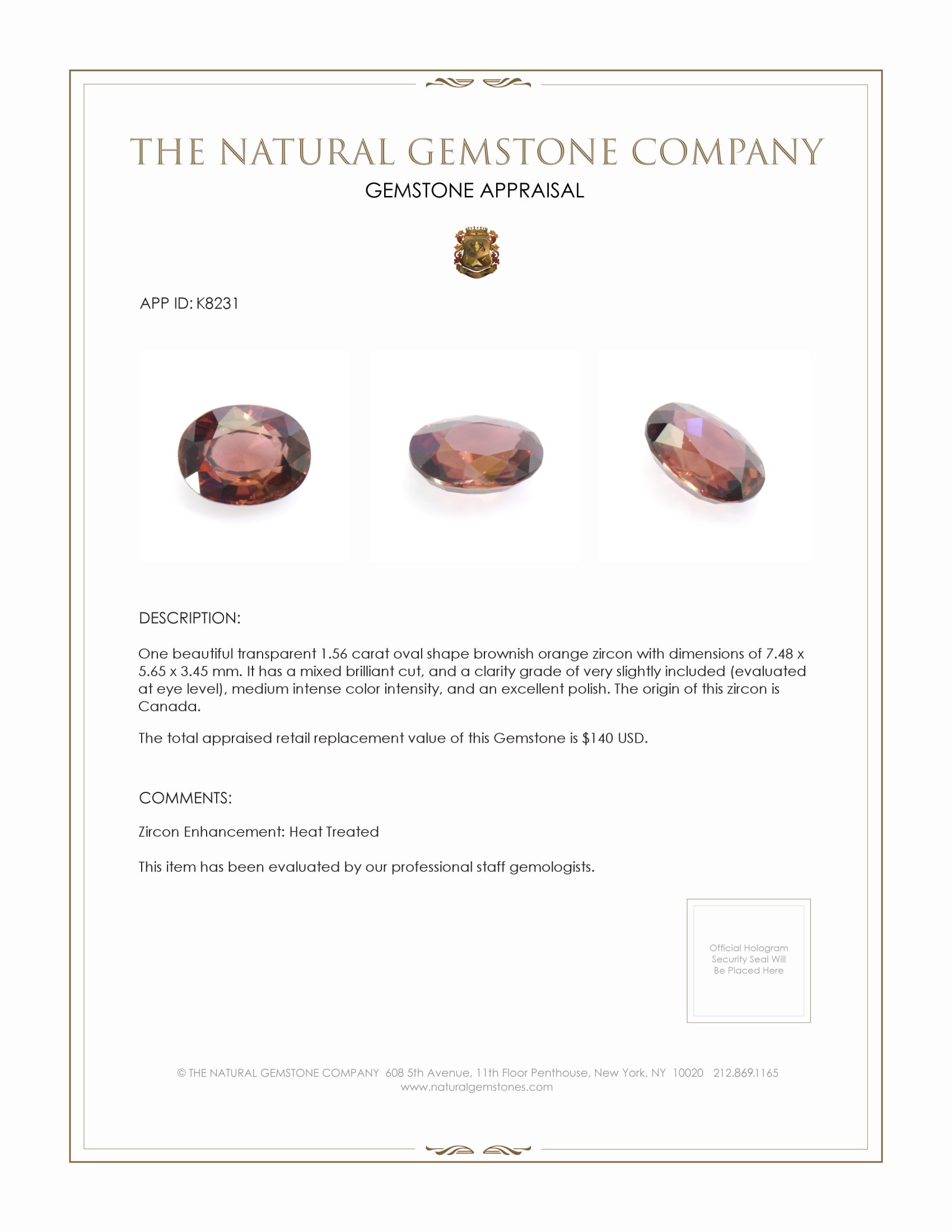 1.56 Ct. Brownish Orange Zircon from Canada