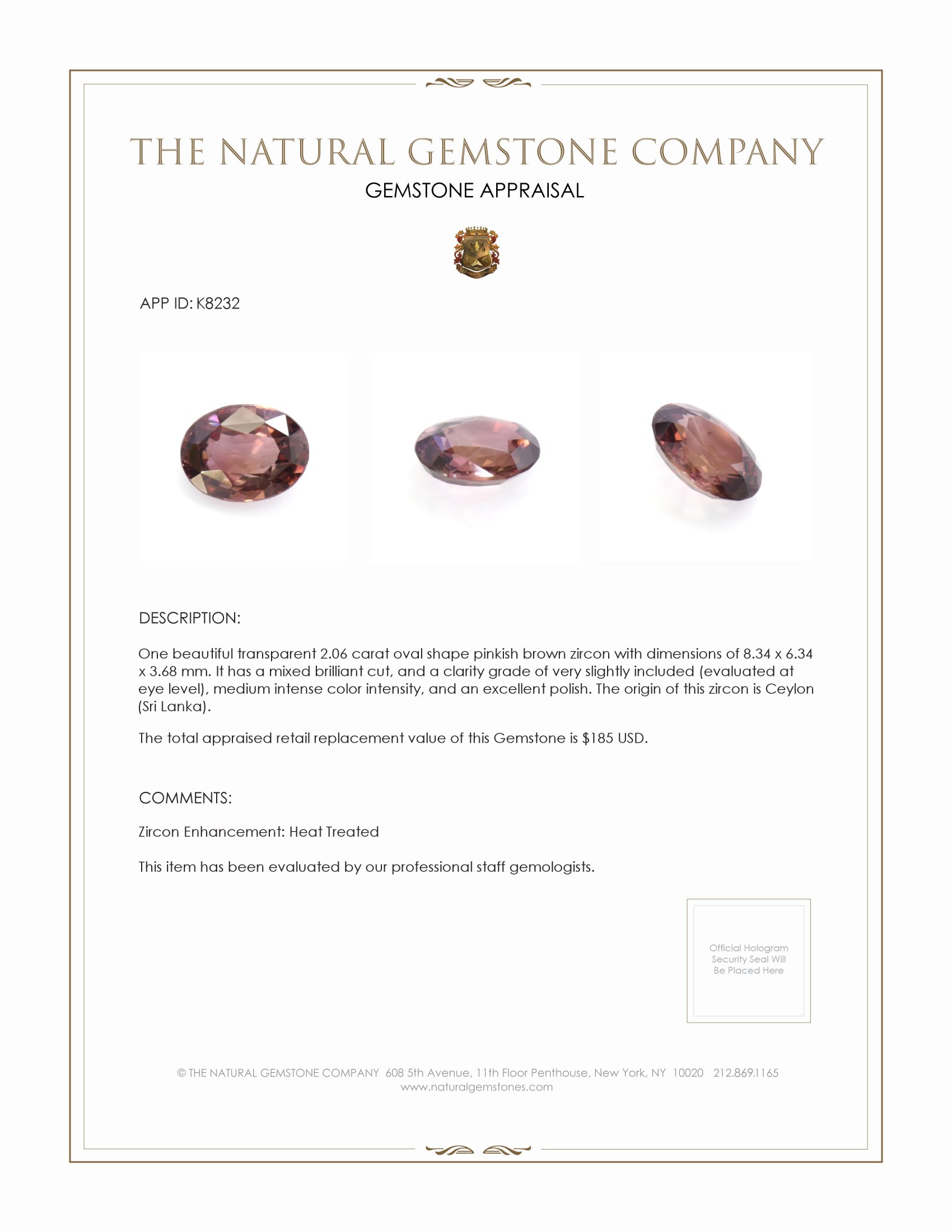 2.06 Ct. Pinkish Brown Zircon from Ceylon (Sri Lanka)