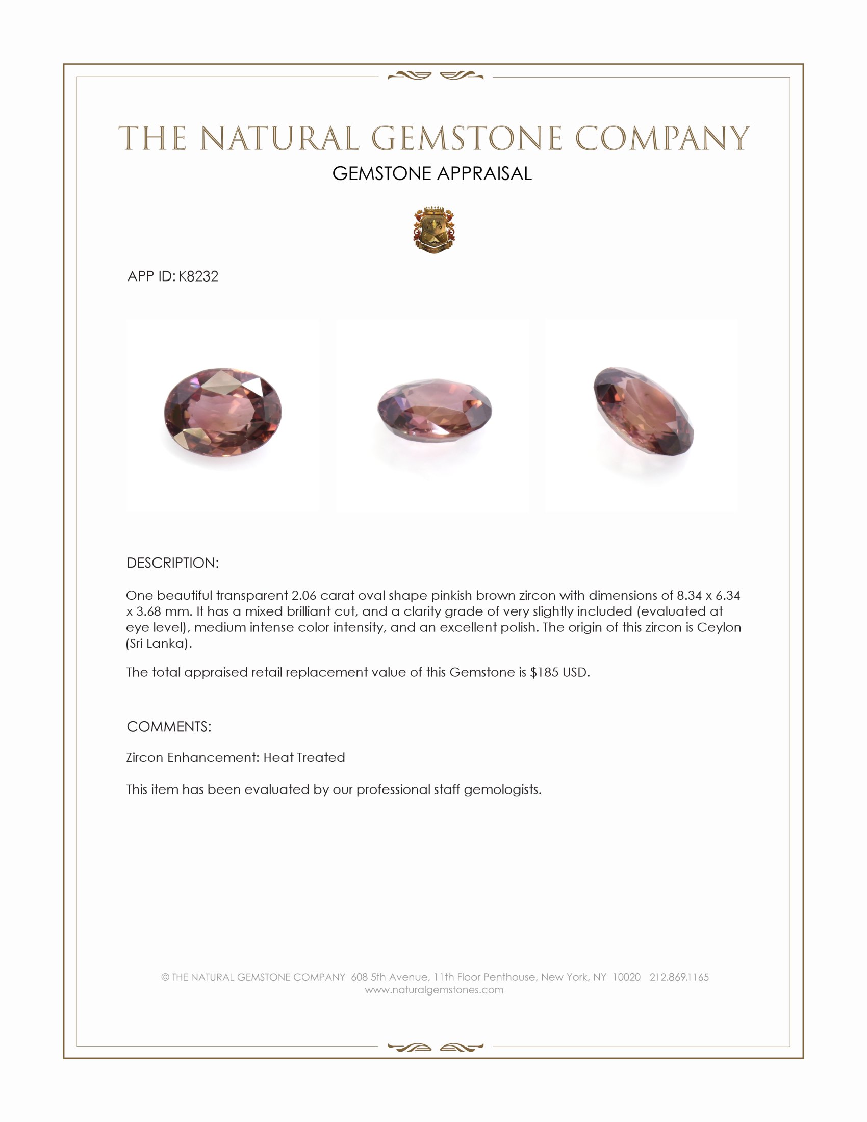 2.06 Ct. Zircon from Ceylon (Sri Lanka)