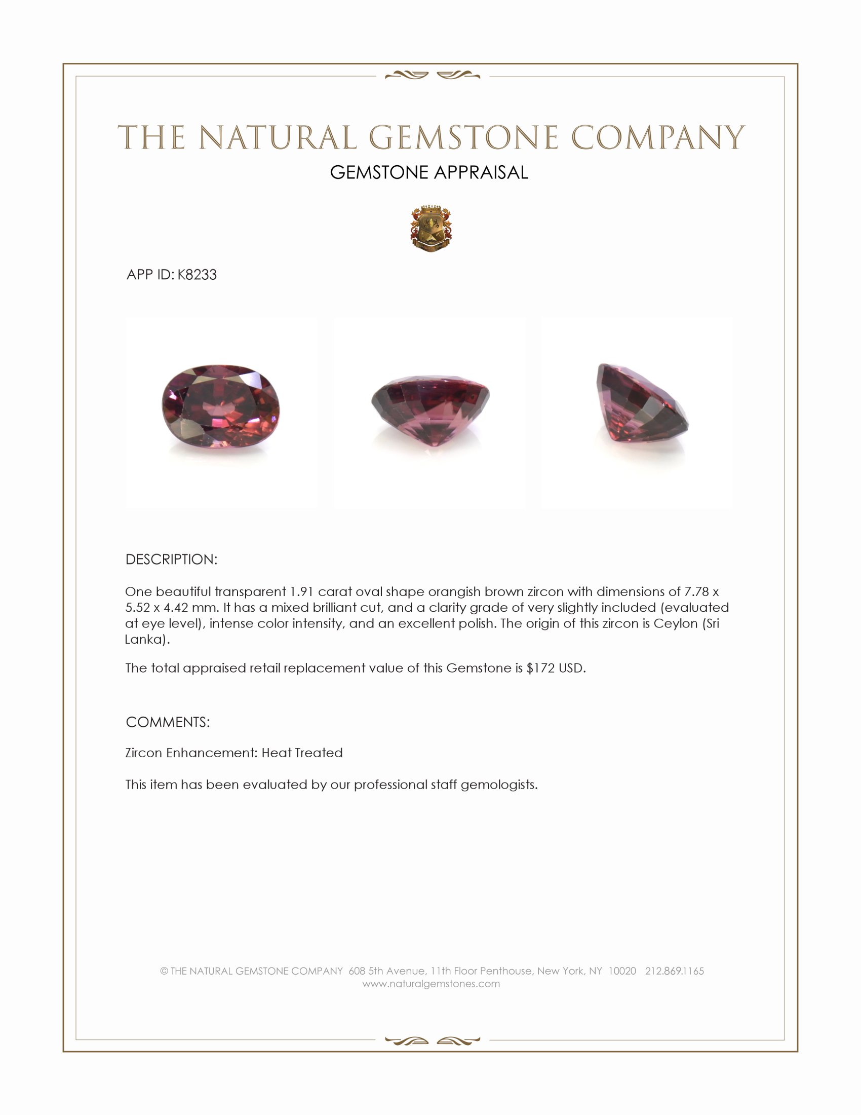 1.91 Ct. Orangish Brown Zircon from Ceylon (Sri Lanka)