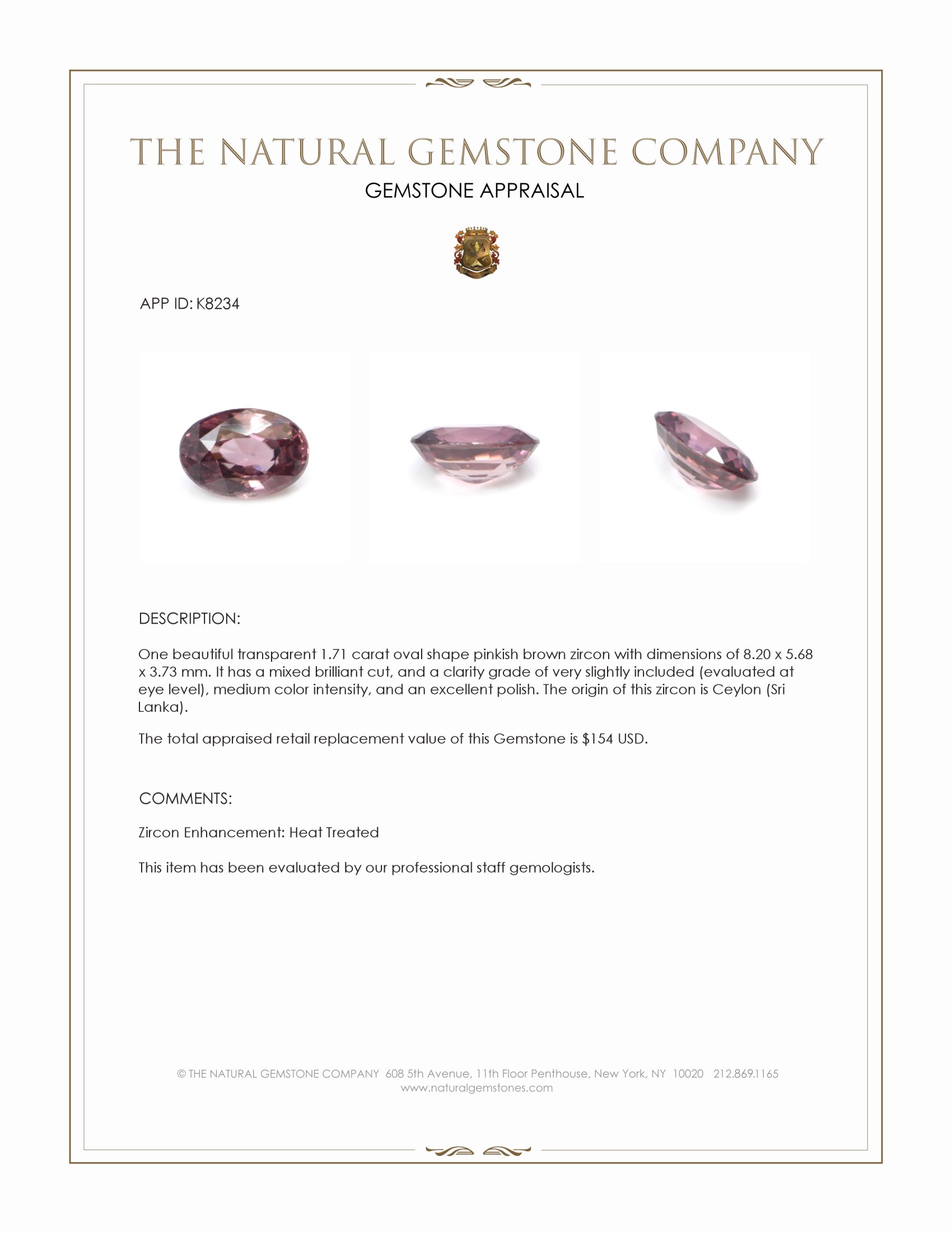 1.71 Ct. Pinkish Brown Zircon from Ceylon (Sri Lanka)