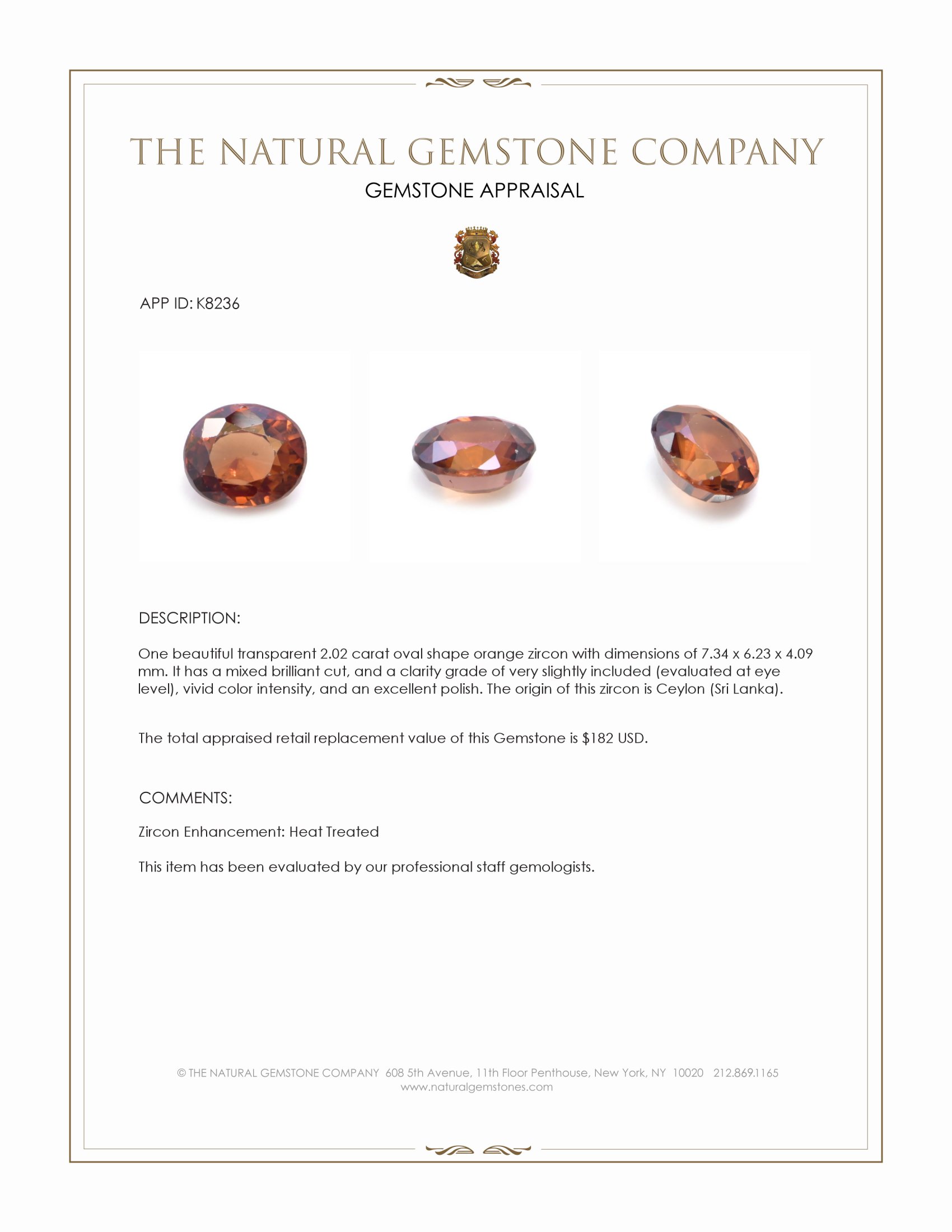 2.02 Ct. Orange Zircon from Ceylon (Sri Lanka)