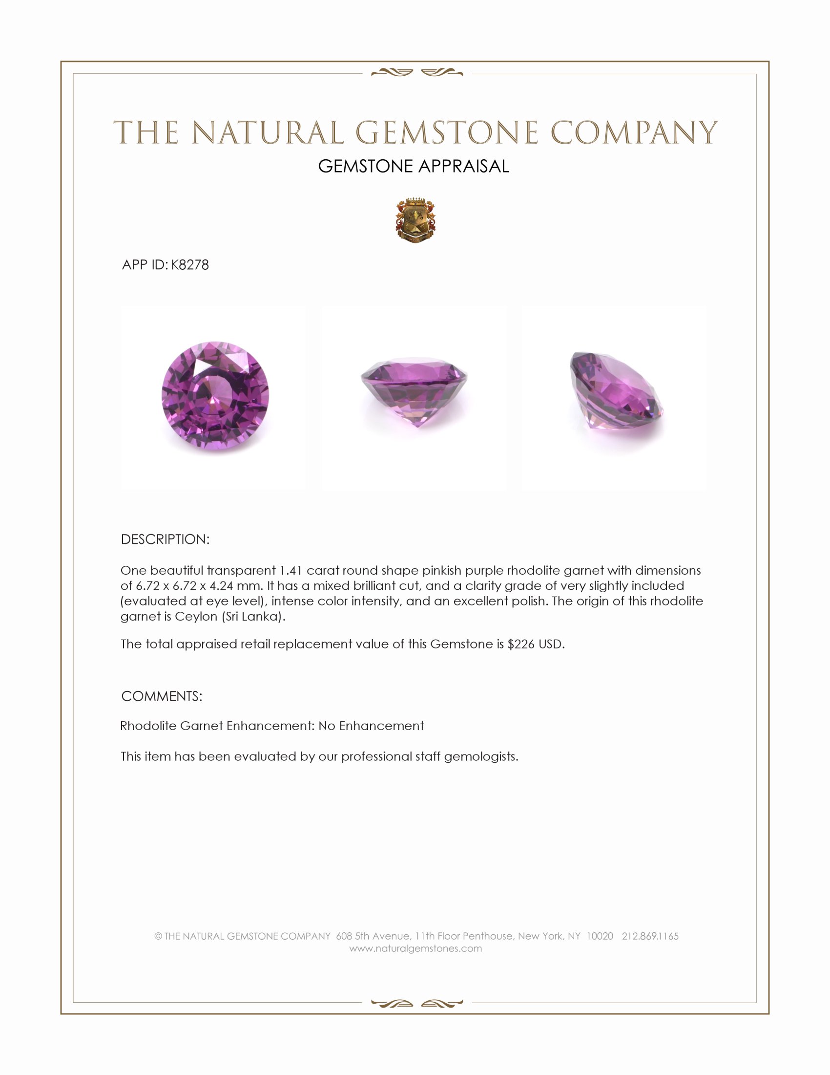 1.41 Ct. Rhodolite Garnet from Ceylon (Sri Lanka)