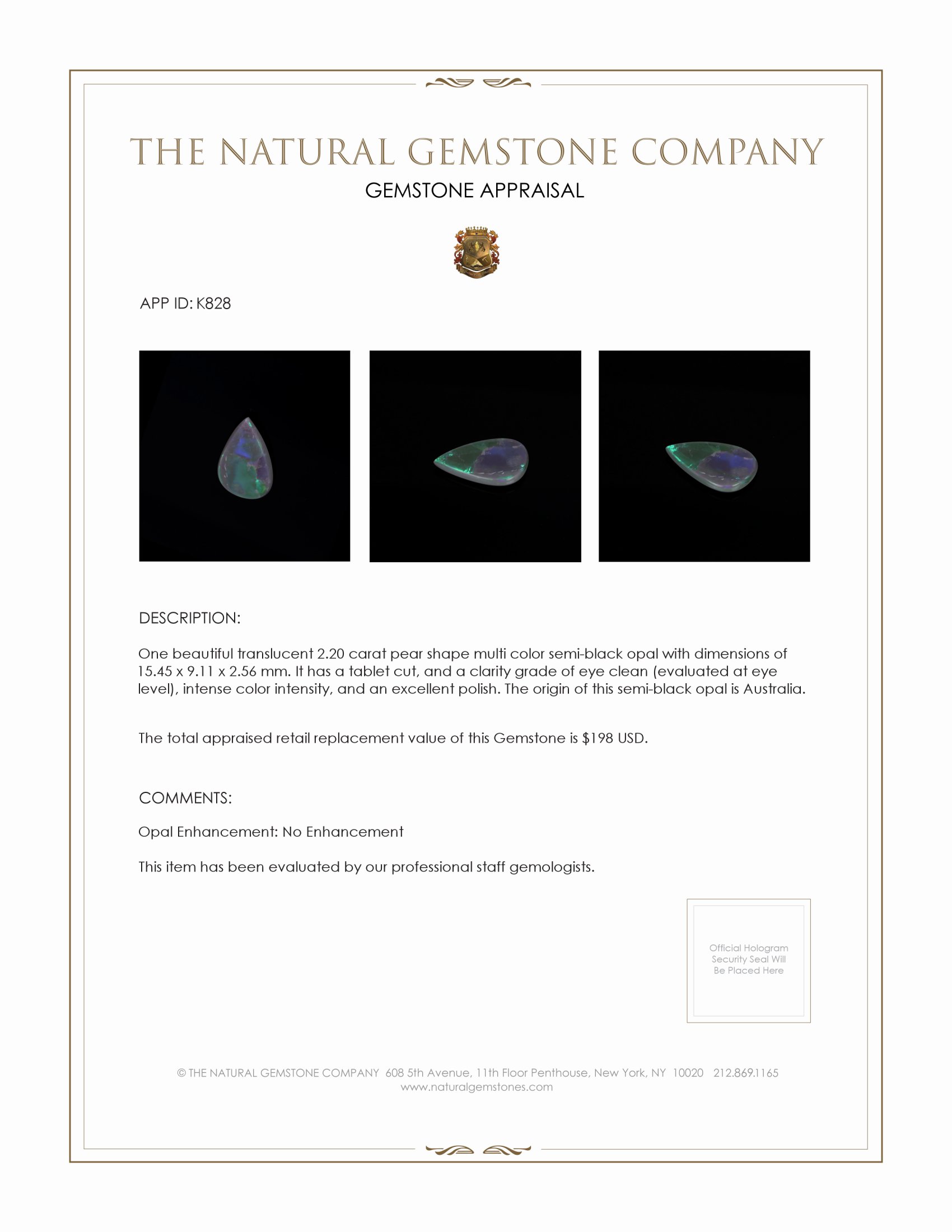 2.20 Ct. Semi-Black Opal from Australia