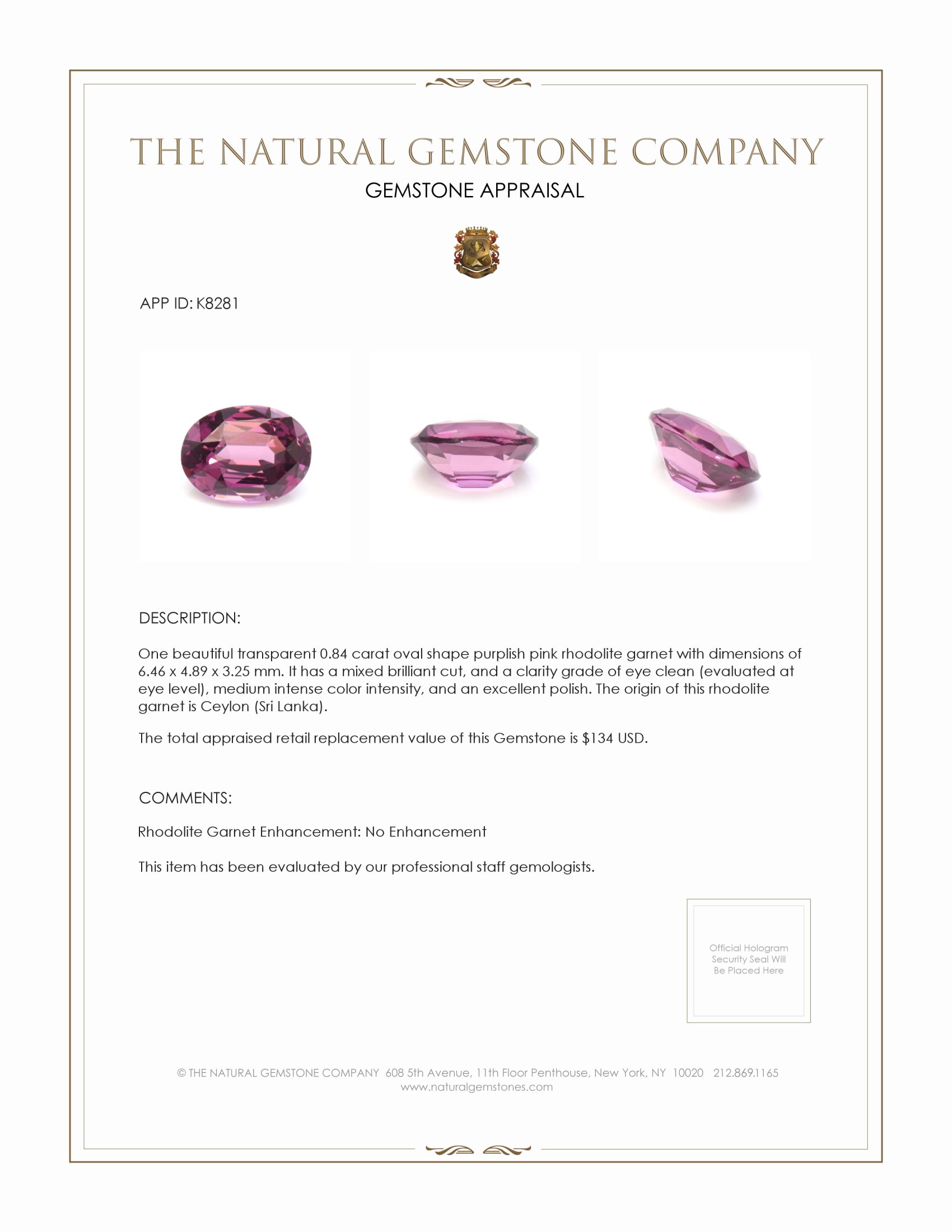 0.84 Ct. Purplish Pink Rhodolite Garnet from Ceylon (Sri Lanka)