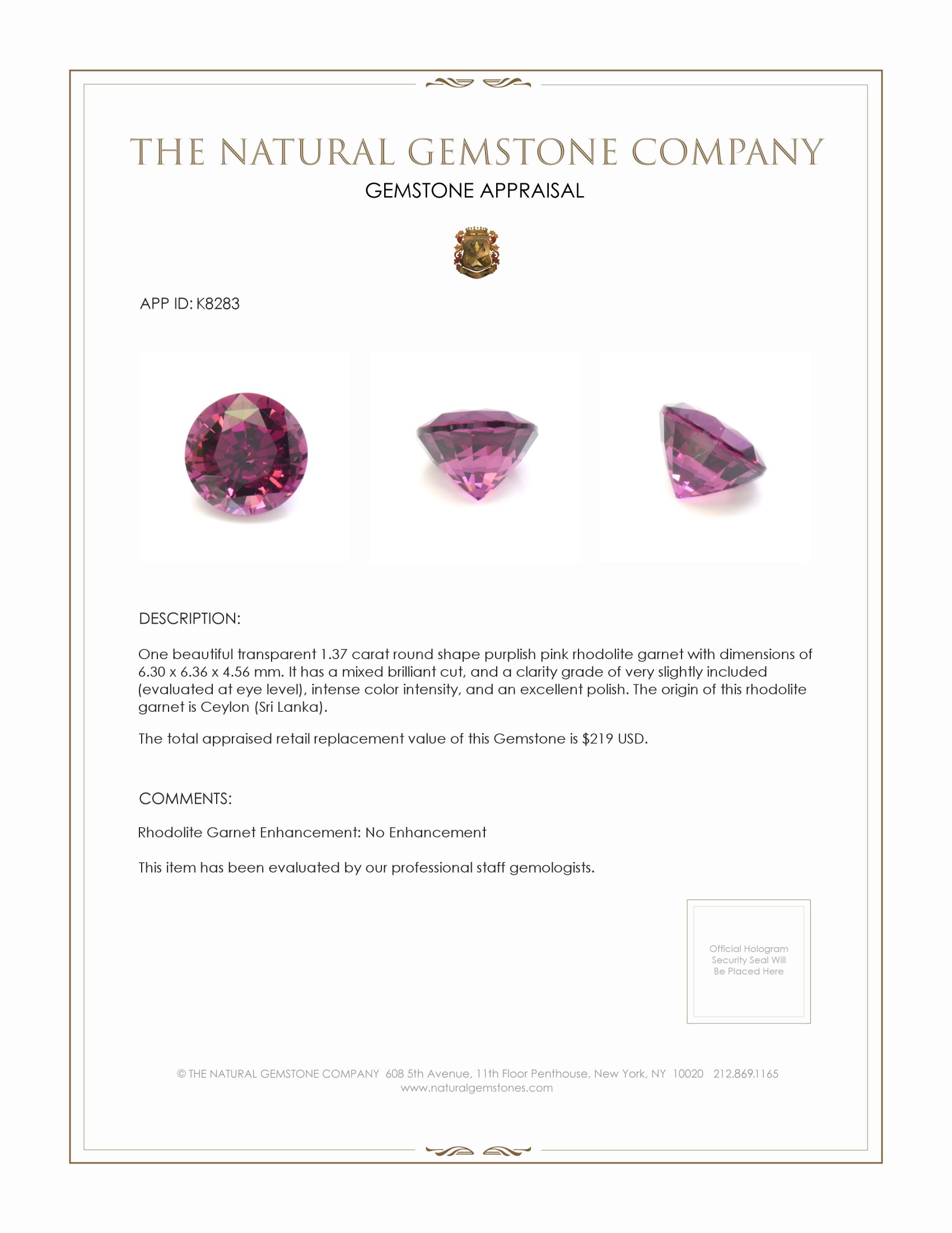 1.37 Ct. Rhodolite Garnet from Ceylon (Sri Lanka)