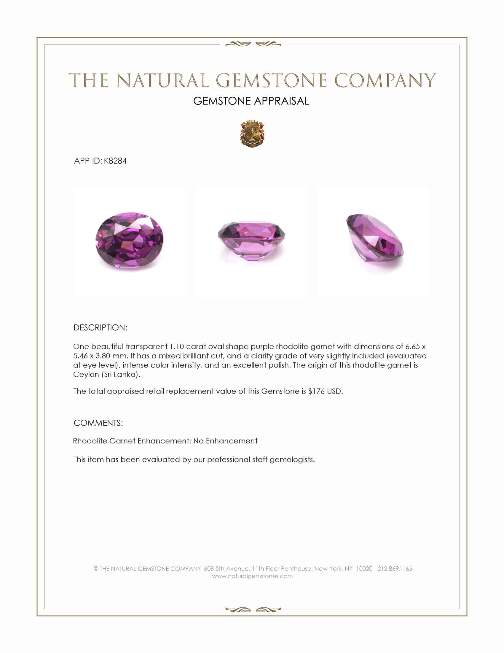1.10 Ct. Purple Rhodolite Garnet from Ceylon (Sri Lanka)