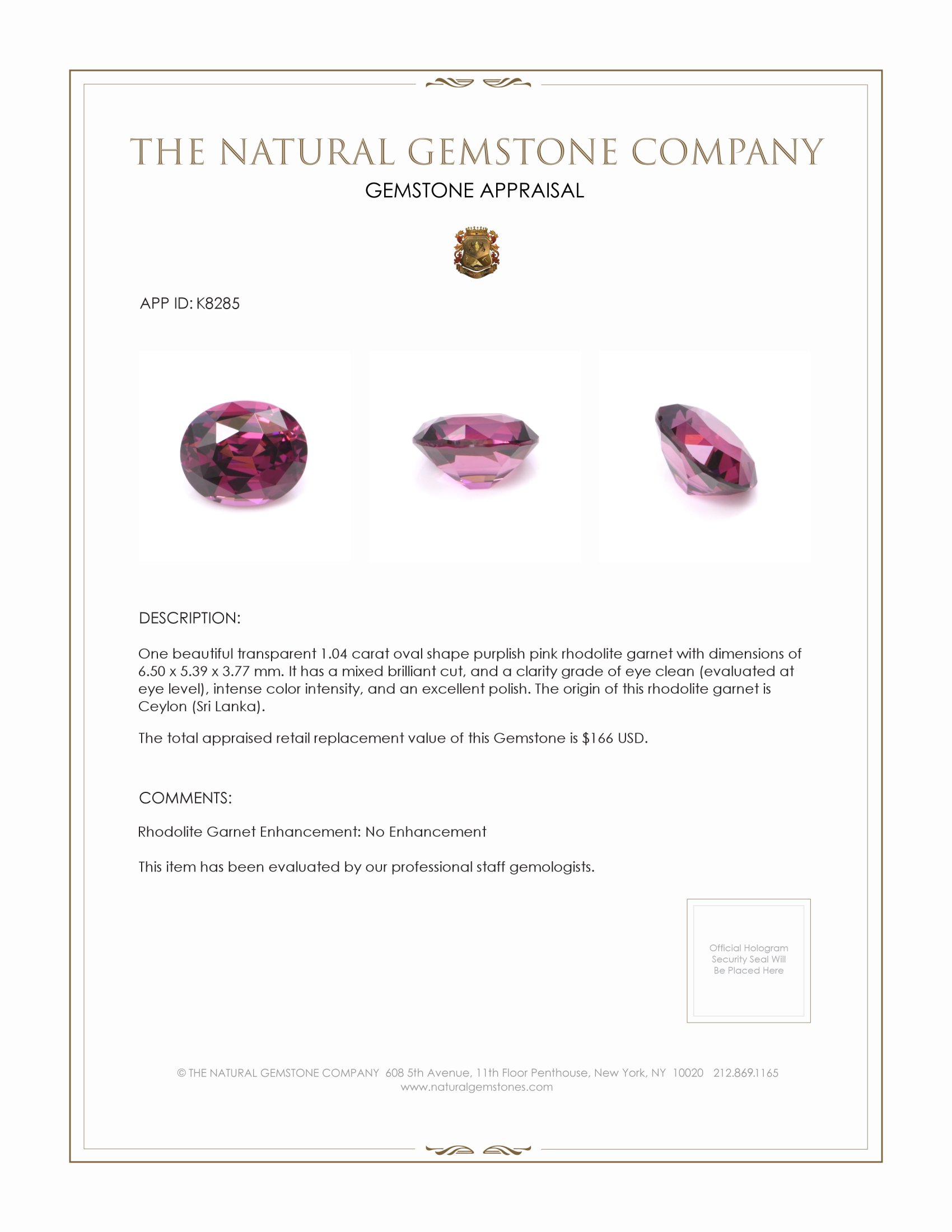 1.04 Ct. Purplish Pink Rhodolite Garnet from Ceylon (Sri Lanka)