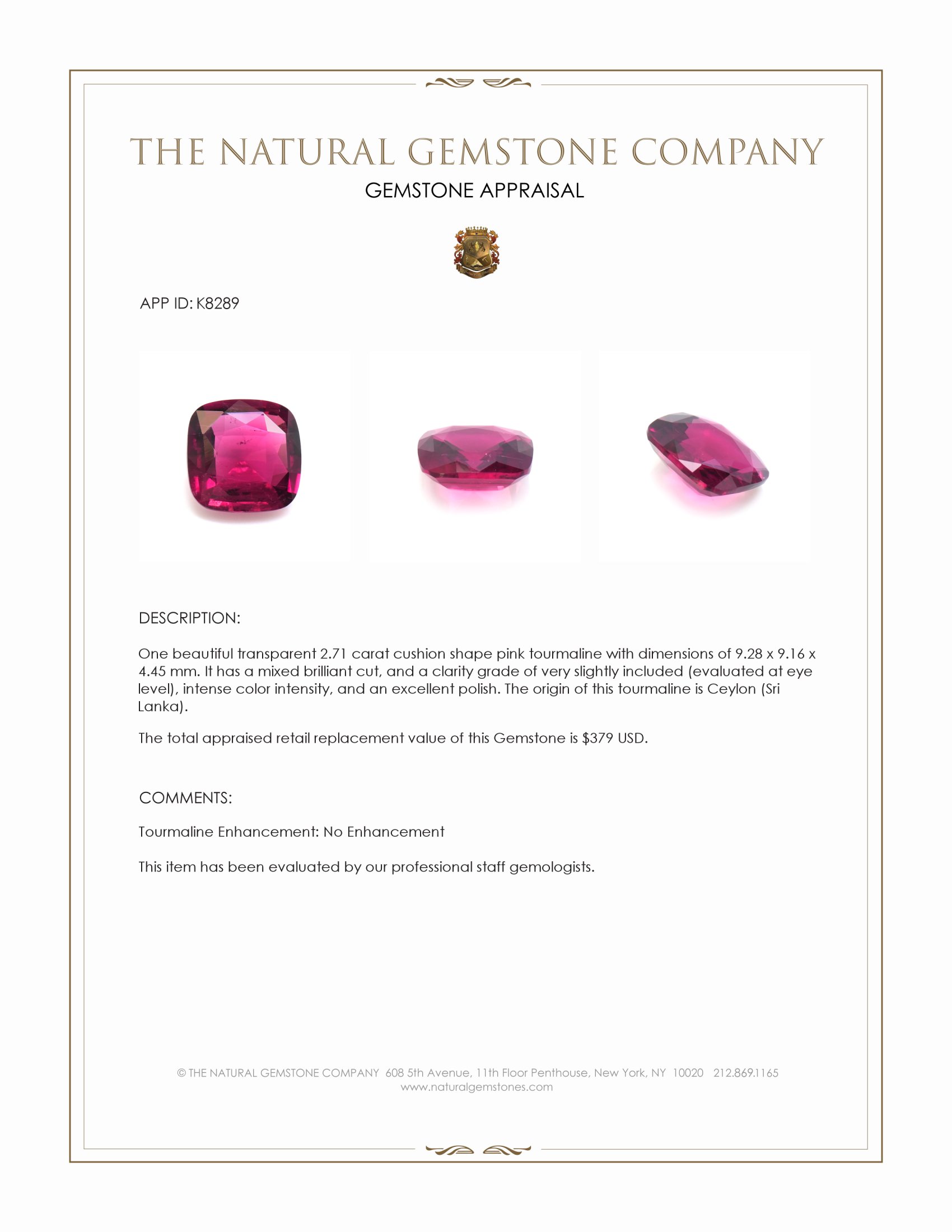 2.71 Ct. Pink Tourmaline from Ceylon (Sri Lanka)