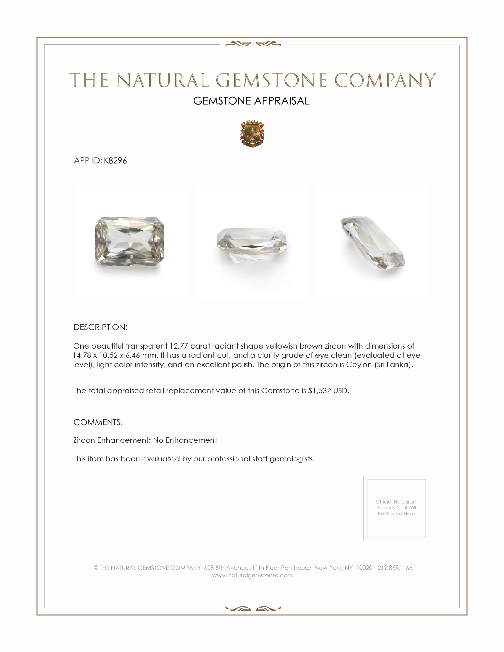 12.77 Ct. Zircon from Ceylon (Sri Lanka)