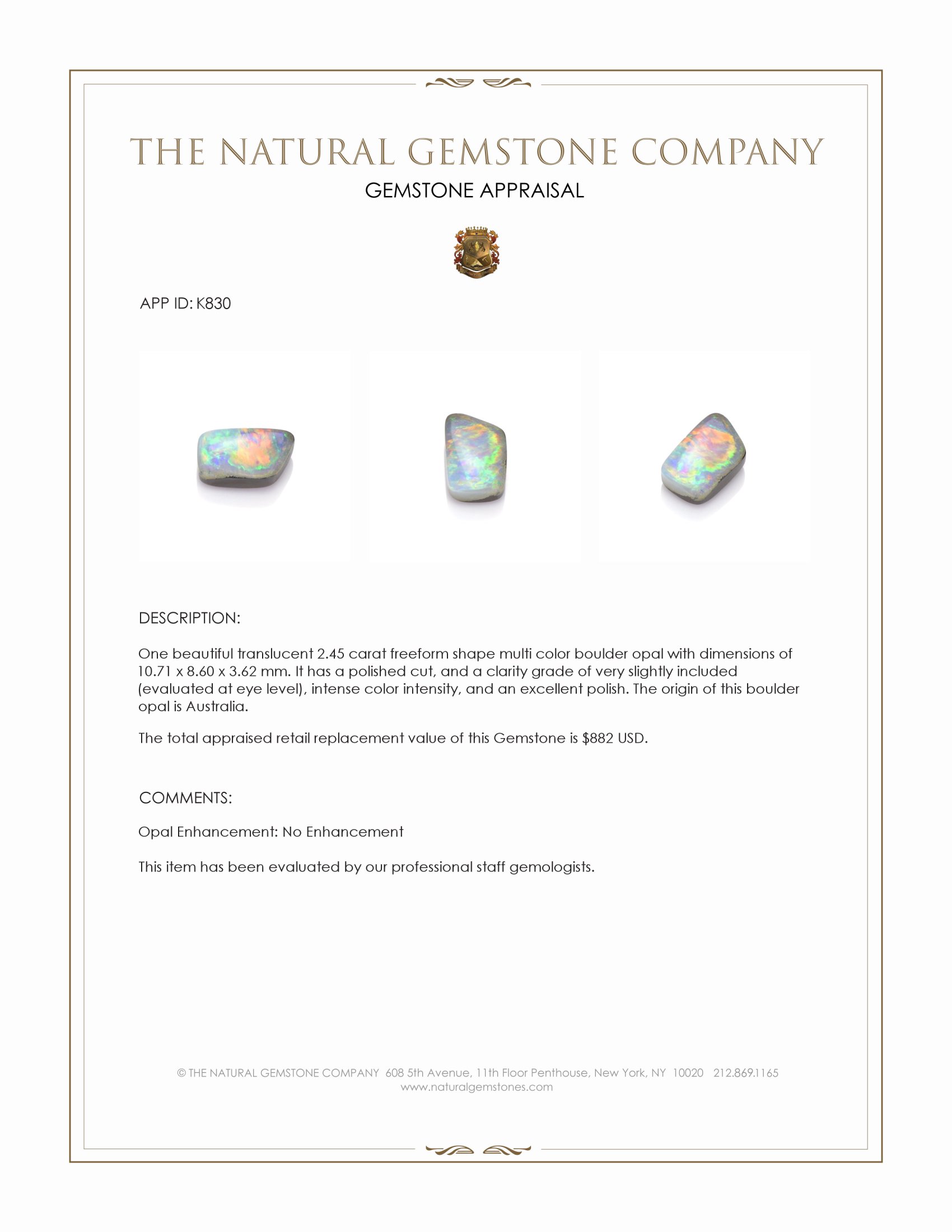 2.45 Ct. Multi Color Boulder Opal from Australia