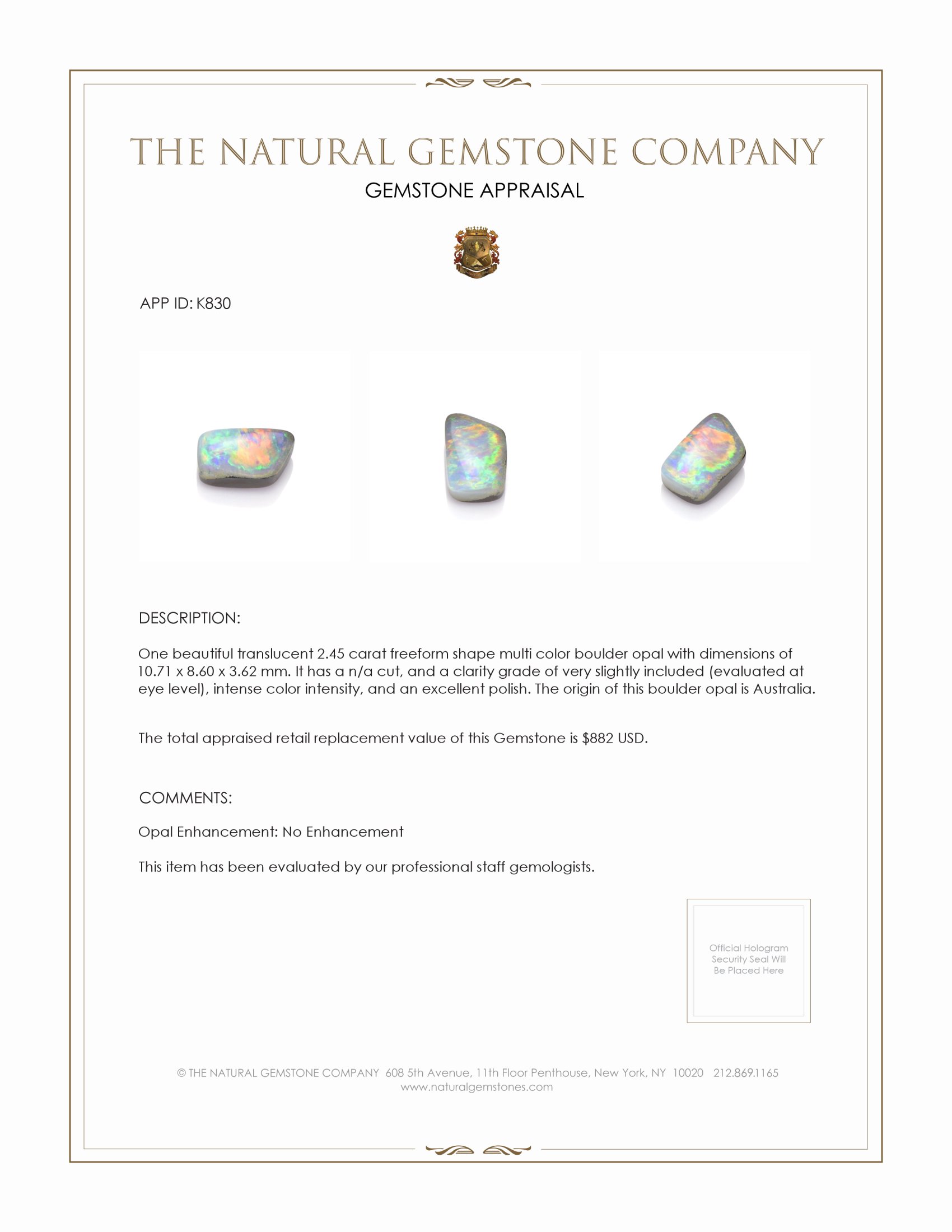 2.45 Ct. Boulder Opal from Australia