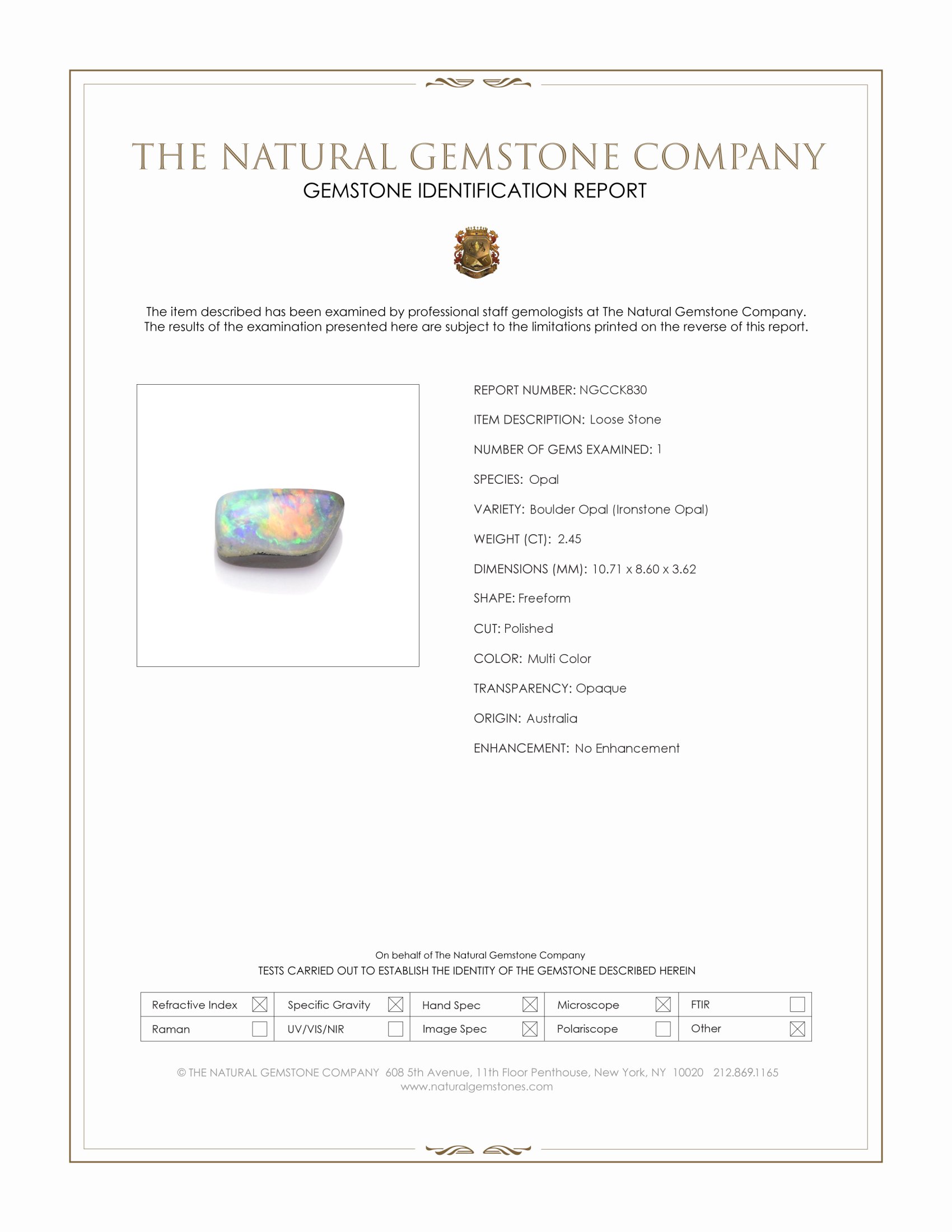2.45 Ct. Multi Color Boulder Opal (Ironstone Opal) from Australia