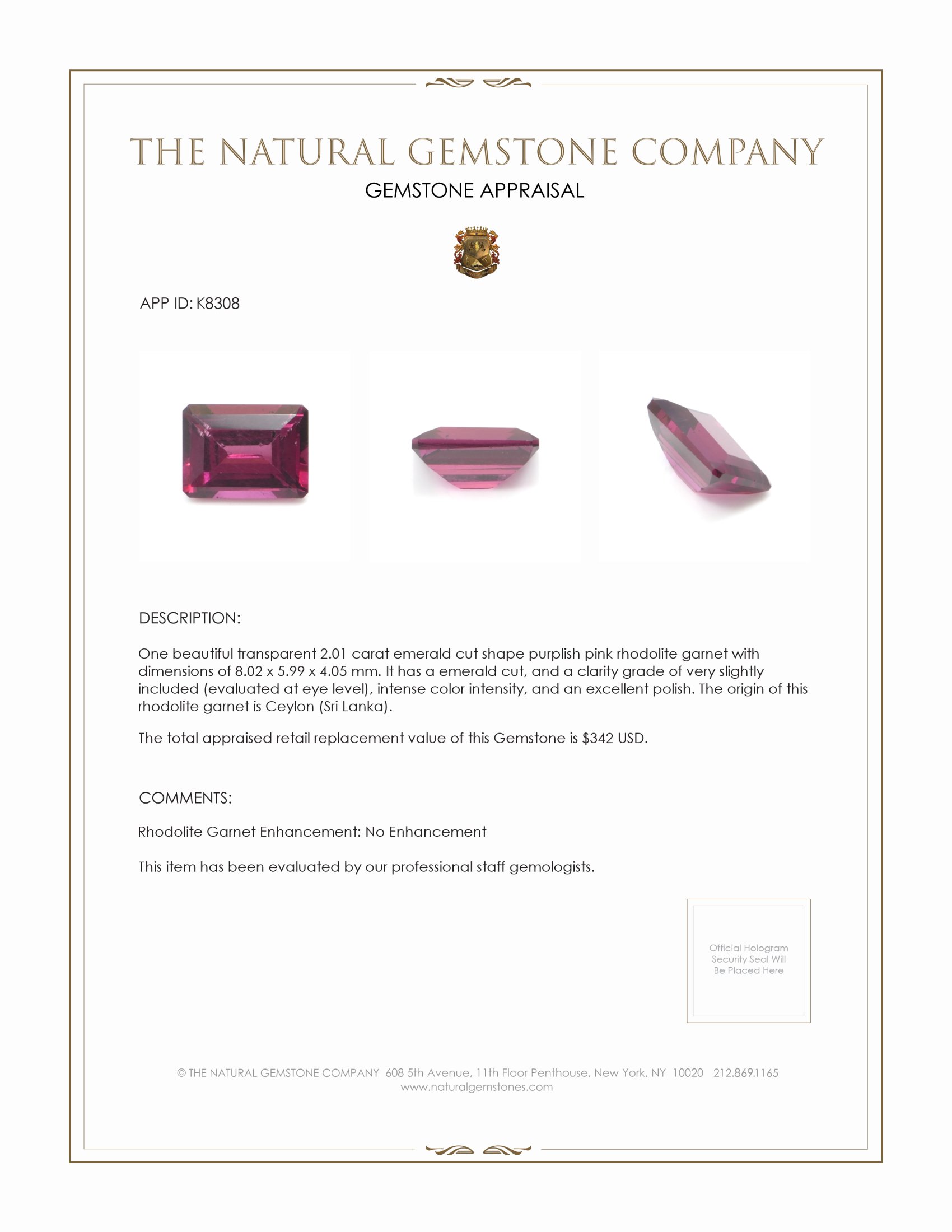 2.01 Ct. Rhodolite Garnet from Ceylon (Sri Lanka)