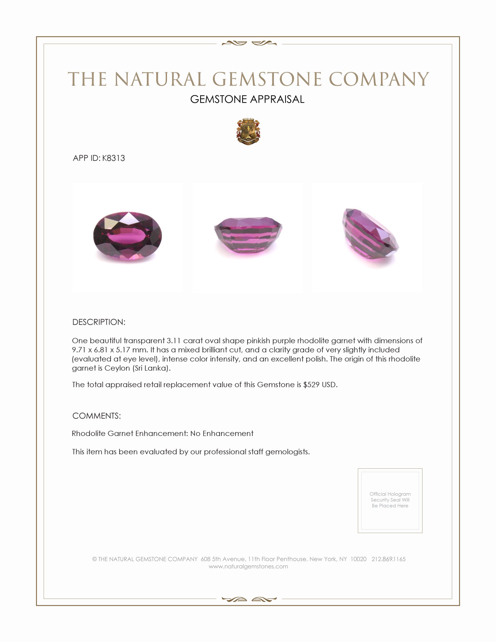 3.11 Ct. Rhodolite Garnet from Ceylon (Sri Lanka)