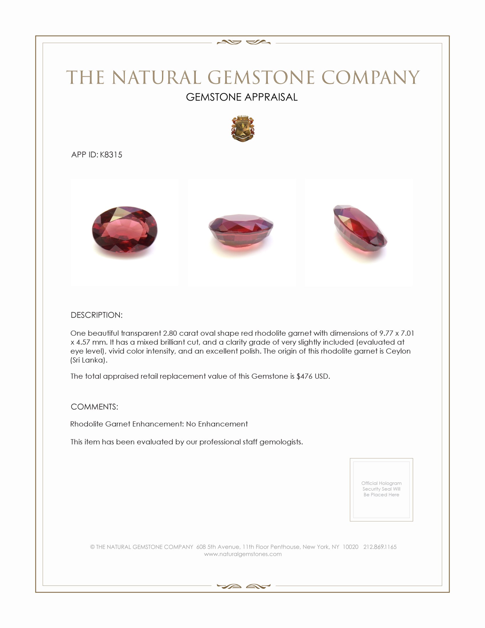 2.80 Ct. Rhodolite Garnet from Ceylon (Sri Lanka)