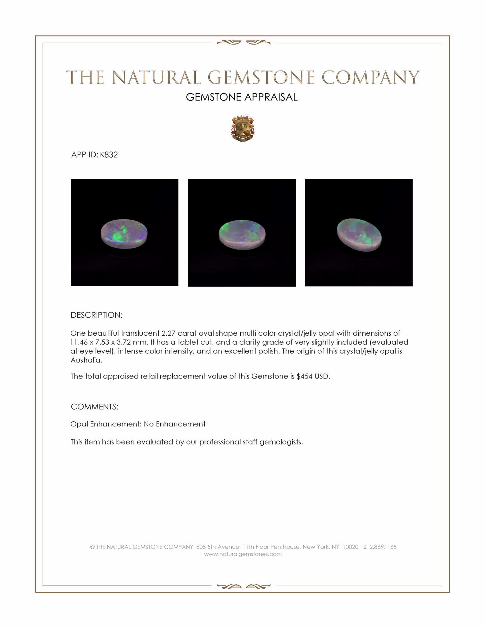 2.27 Ct. Crystal/Jelly Opal from Australia