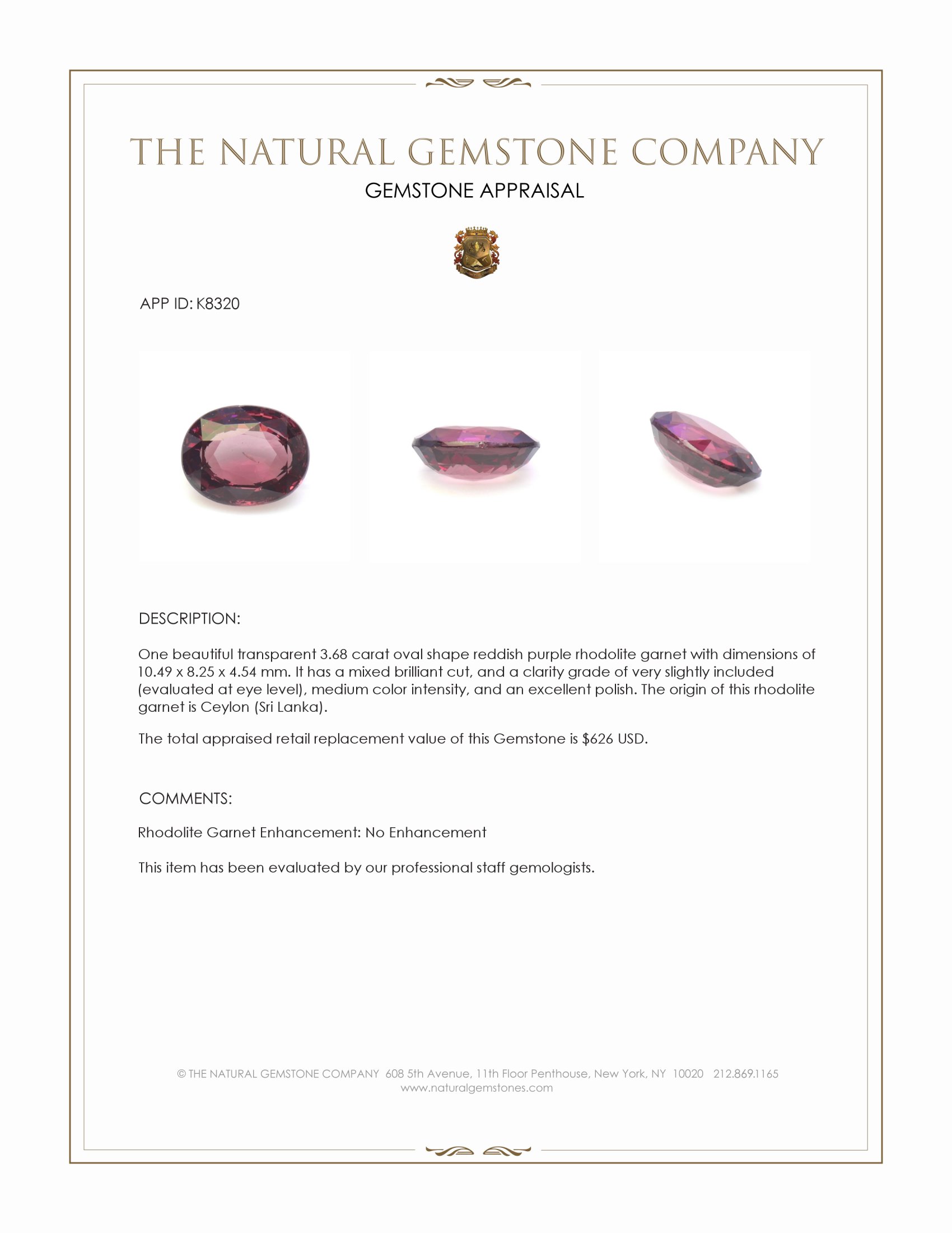3.68 Ct. Reddish Purple Rhodolite Garnet from Ceylon (Sri Lanka)