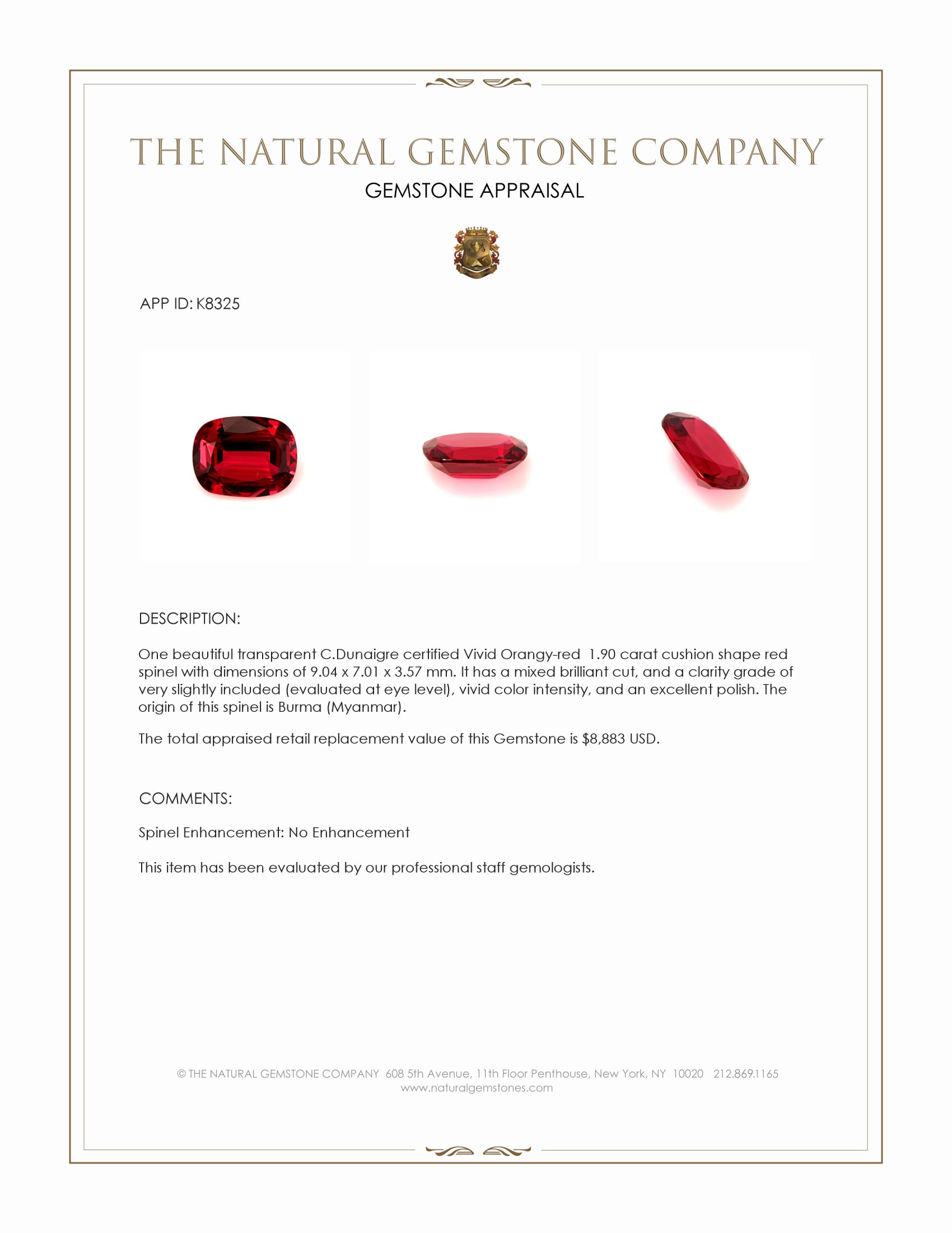 1.90 Ct. Red Spinel from Burma (Myanmar)