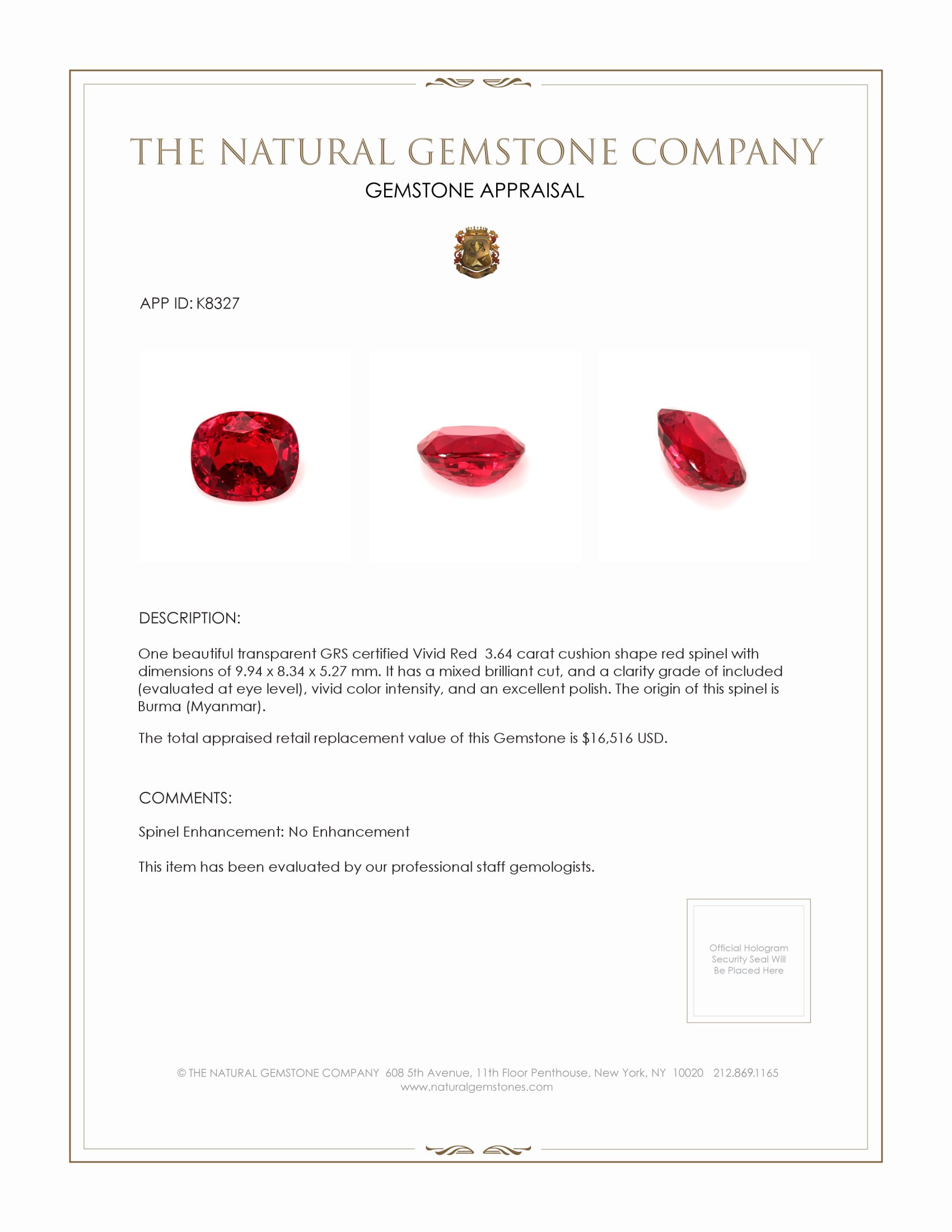 3.64 Ct. Red Spinel from Burma (Myanmar)