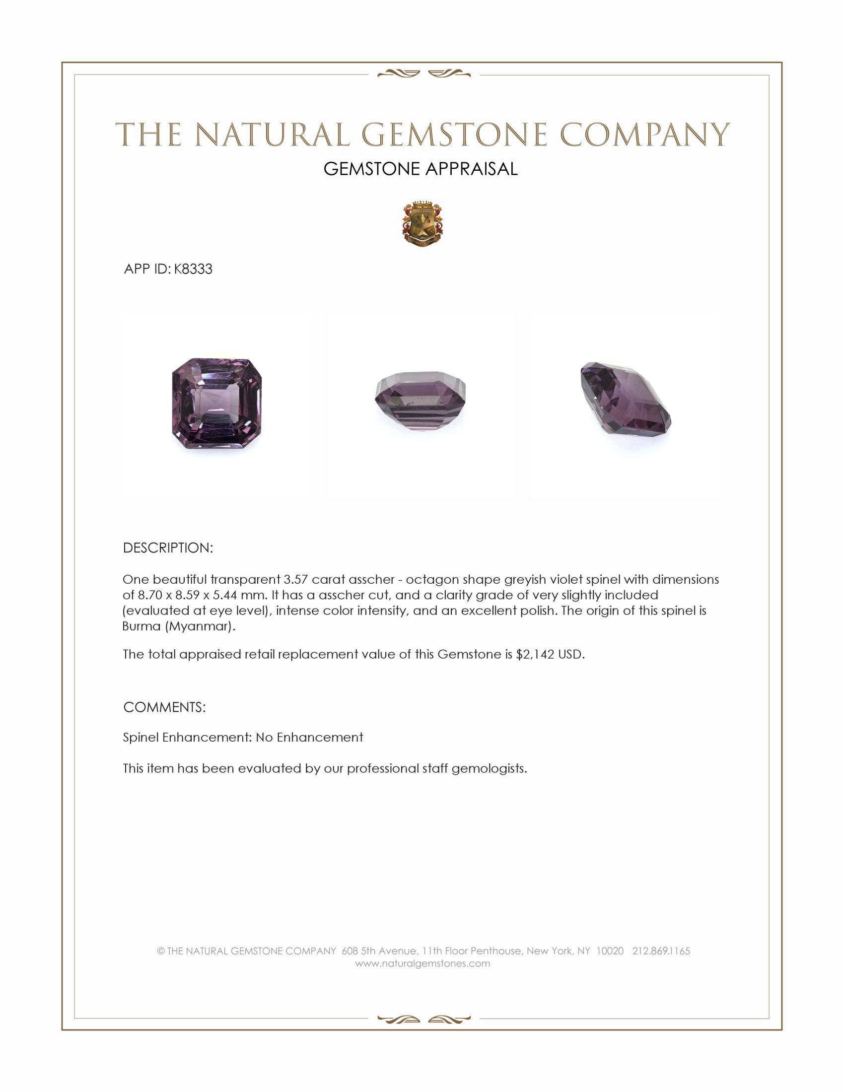 3.57 Ct. Greyish Violet Spinel from Burma (Myanmar)