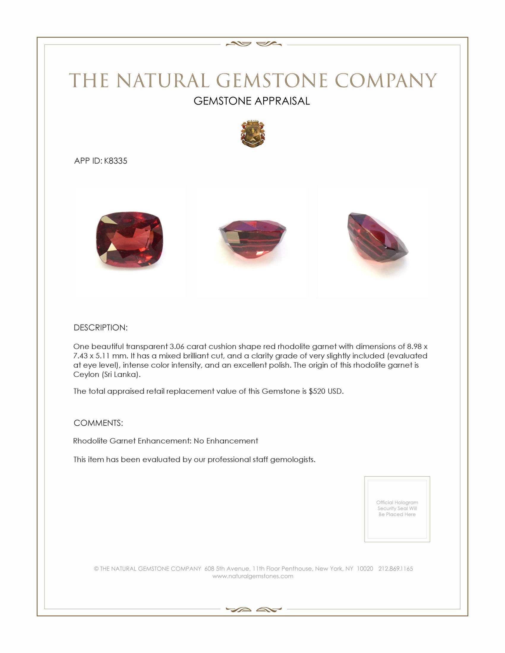 3.06 Ct. Rhodolite Garnet from Ceylon (Sri Lanka)