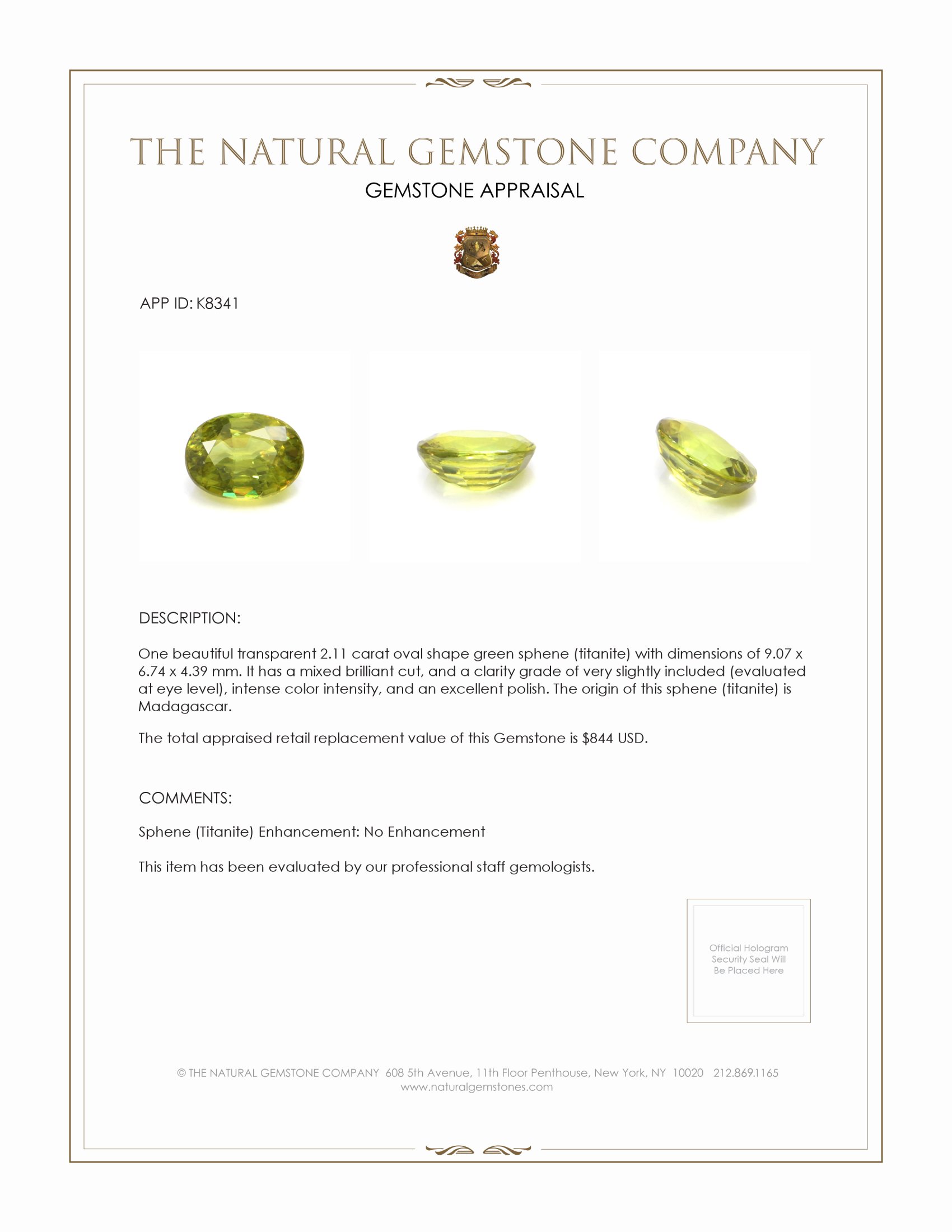 2.11 Ct. Sphene (Titanite) from Madagascar