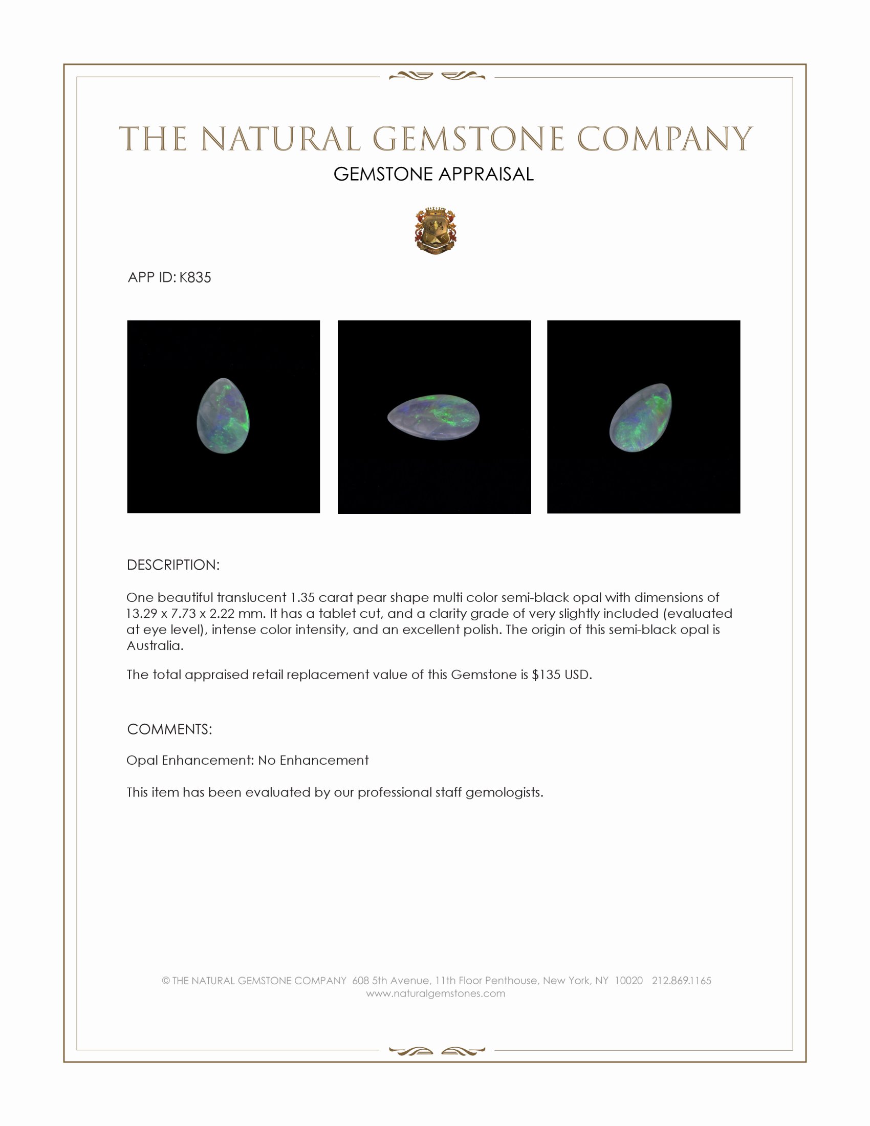 1.35 Ct. Semi-Black Opal from Australia