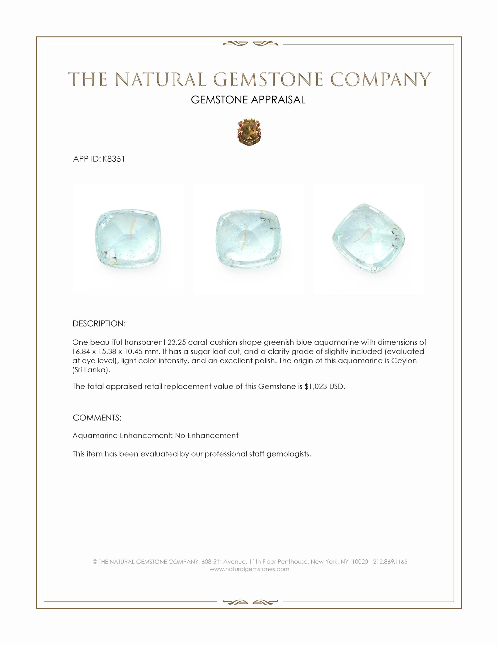 23.25 Ct. Greenish Blue Cabochon Aquamarine from Ceylon (Sri Lanka)