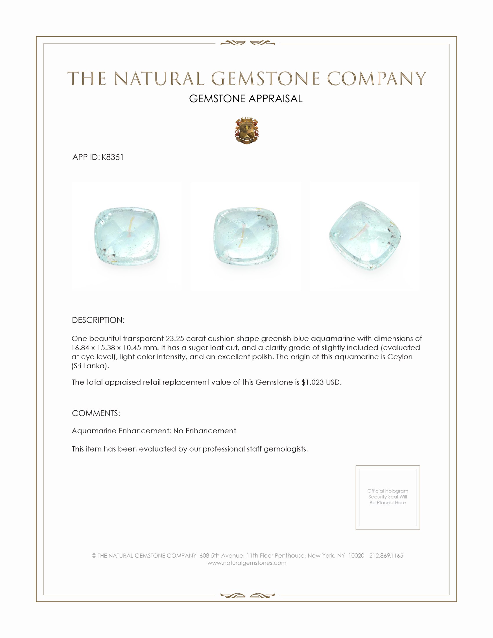 23.25 Ct. Cabochon Aquamarine from Ceylon (Sri Lanka)