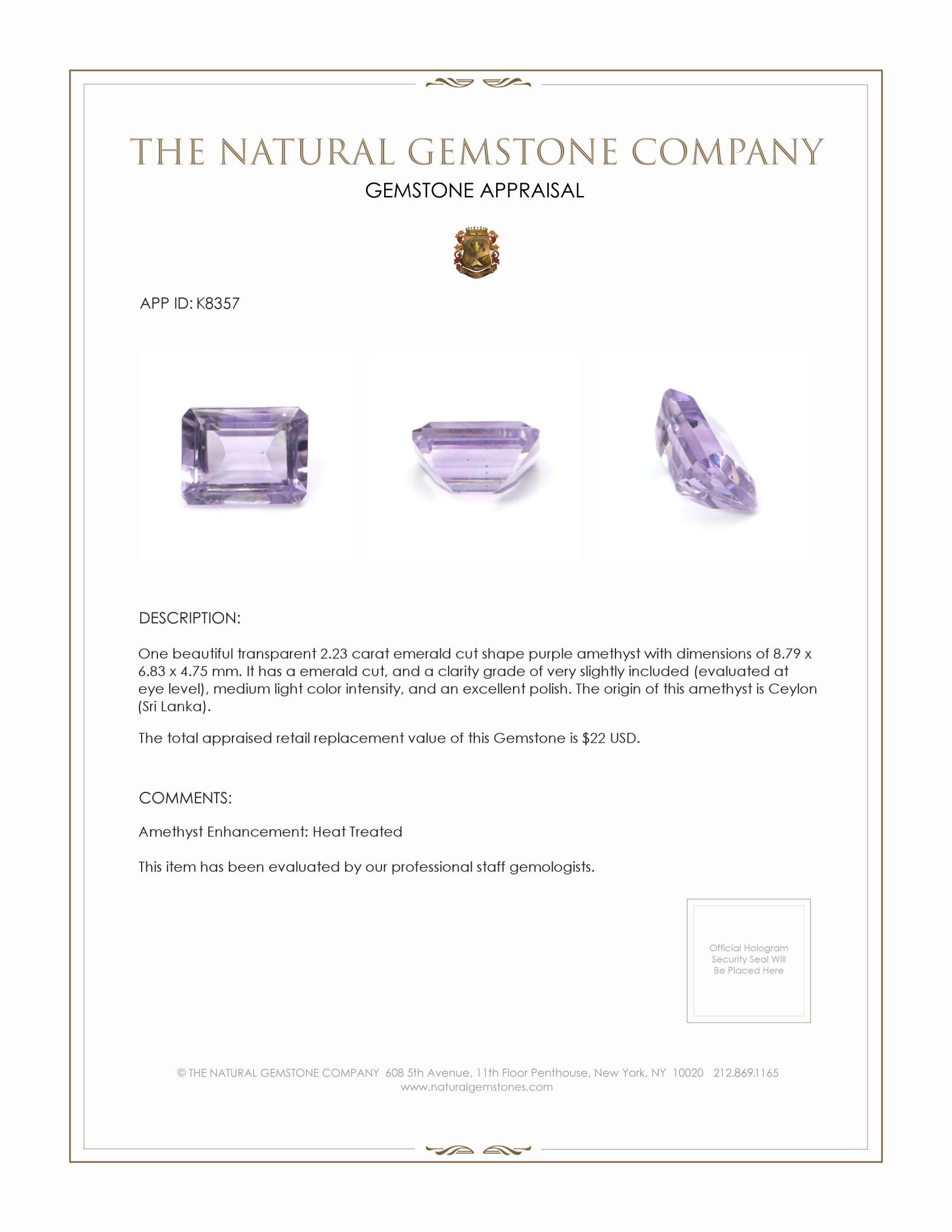 2.23 Ct. Amethyst from Ceylon (Sri Lanka)