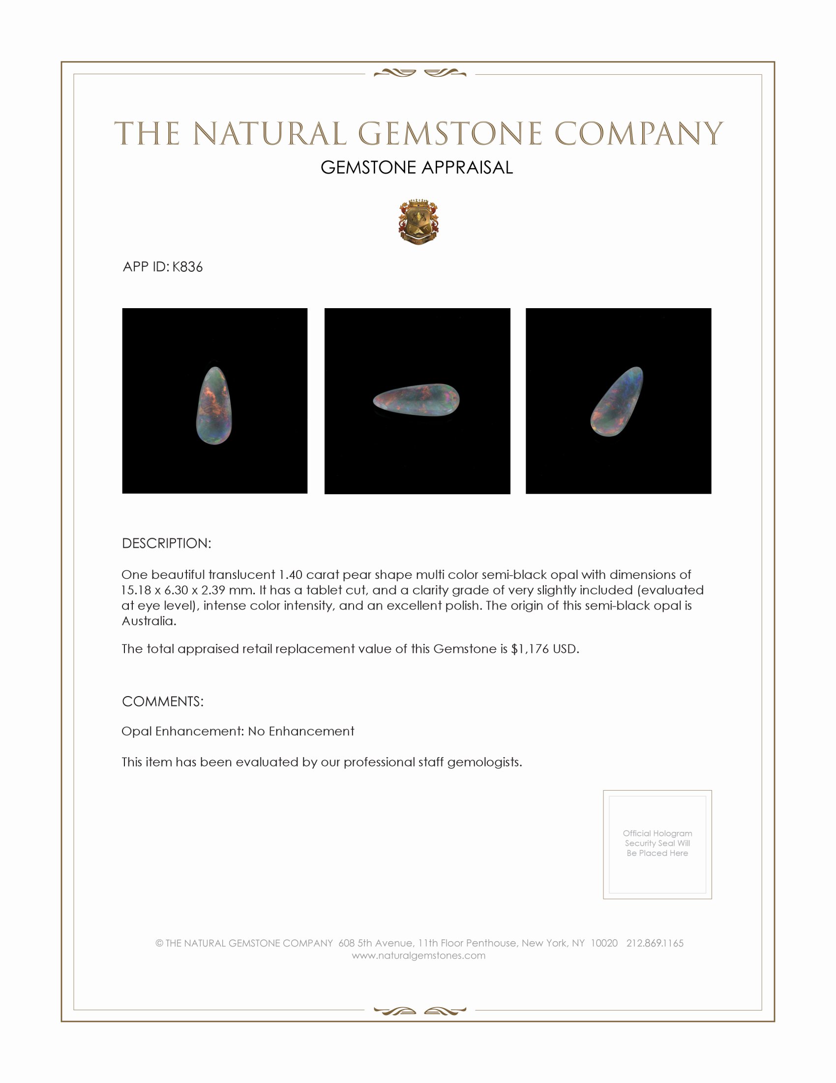 1.40 Ct. Semi-Black Opal from Australia