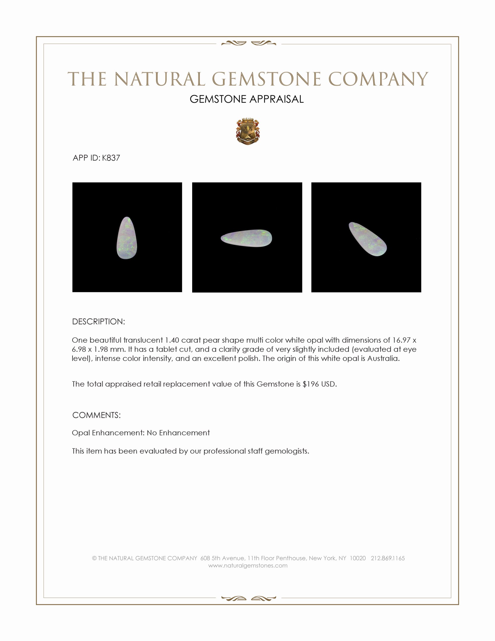 1.40 Ct. Multi Color White Opal from Australia