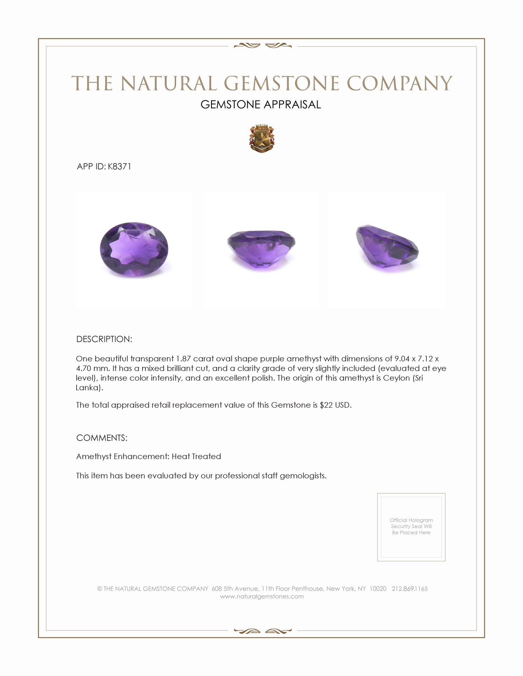 1.87 Ct. Amethyst from Ceylon (Sri Lanka)