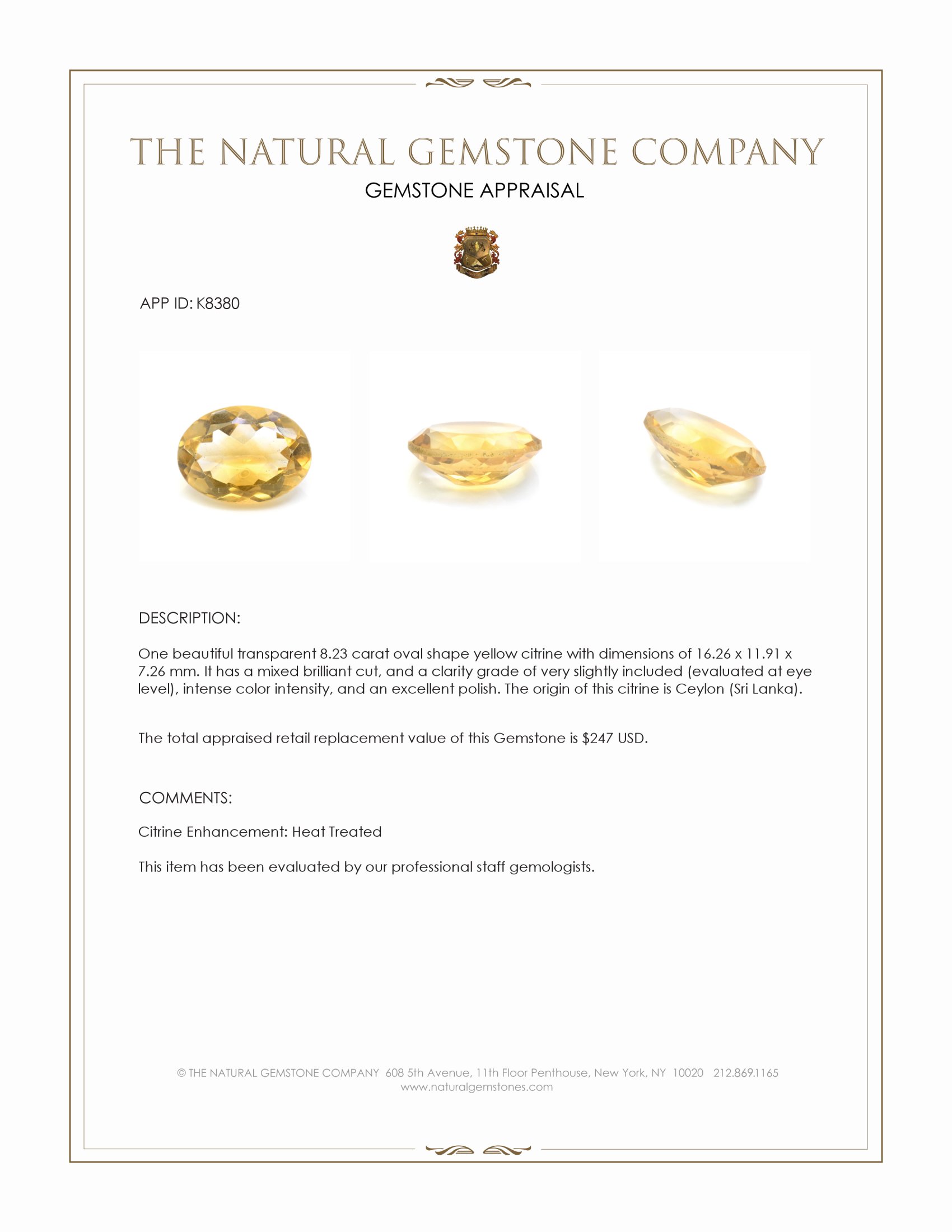 8.23 Ct. Citrine from Ceylon (Sri Lanka)