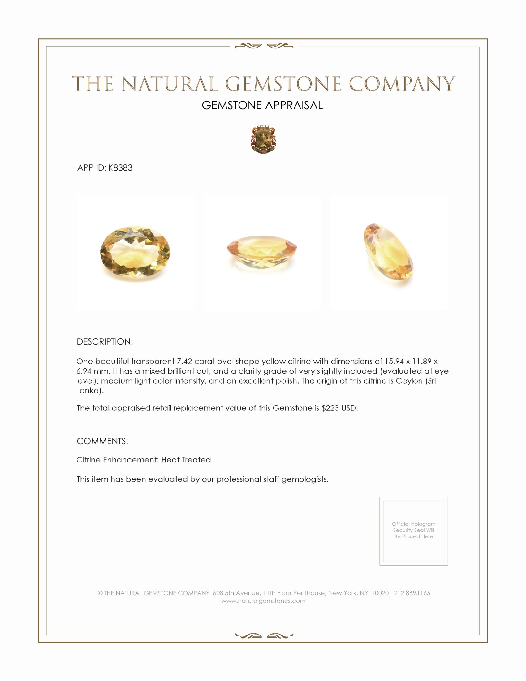 7.42 Ct. Citrine from Ceylon (Sri Lanka)