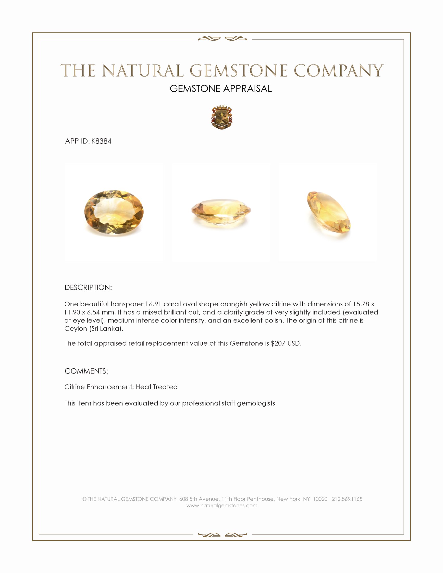 6.91 Ct. Citrine from Ceylon (Sri Lanka)