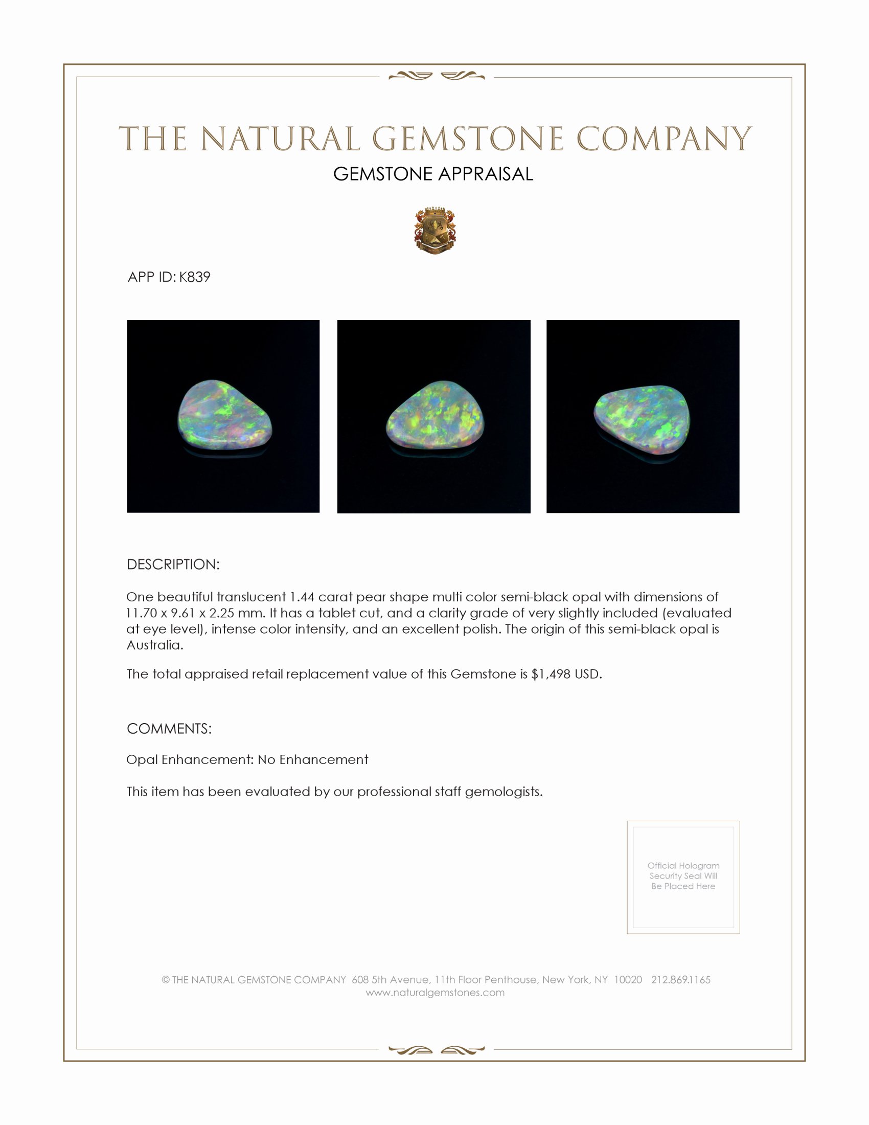 1.44 Ct. Semi-Black Opal from Australia