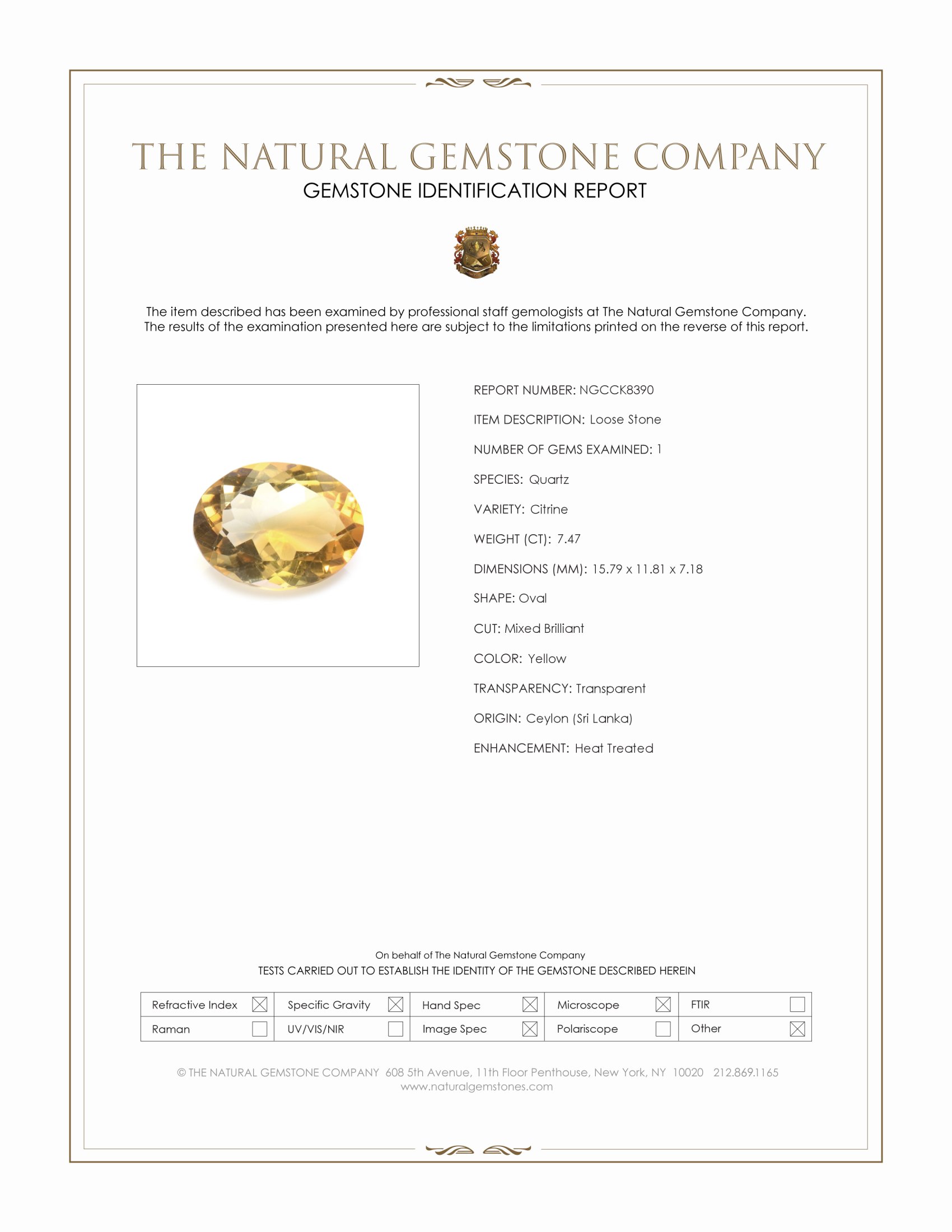 7.47 Ct. Yellow Citrine from Ceylon (Sri Lanka)
