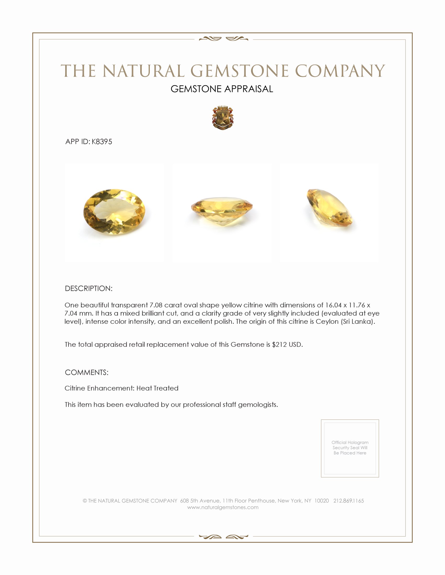 7.08 Ct. Citrine from Ceylon (Sri Lanka)