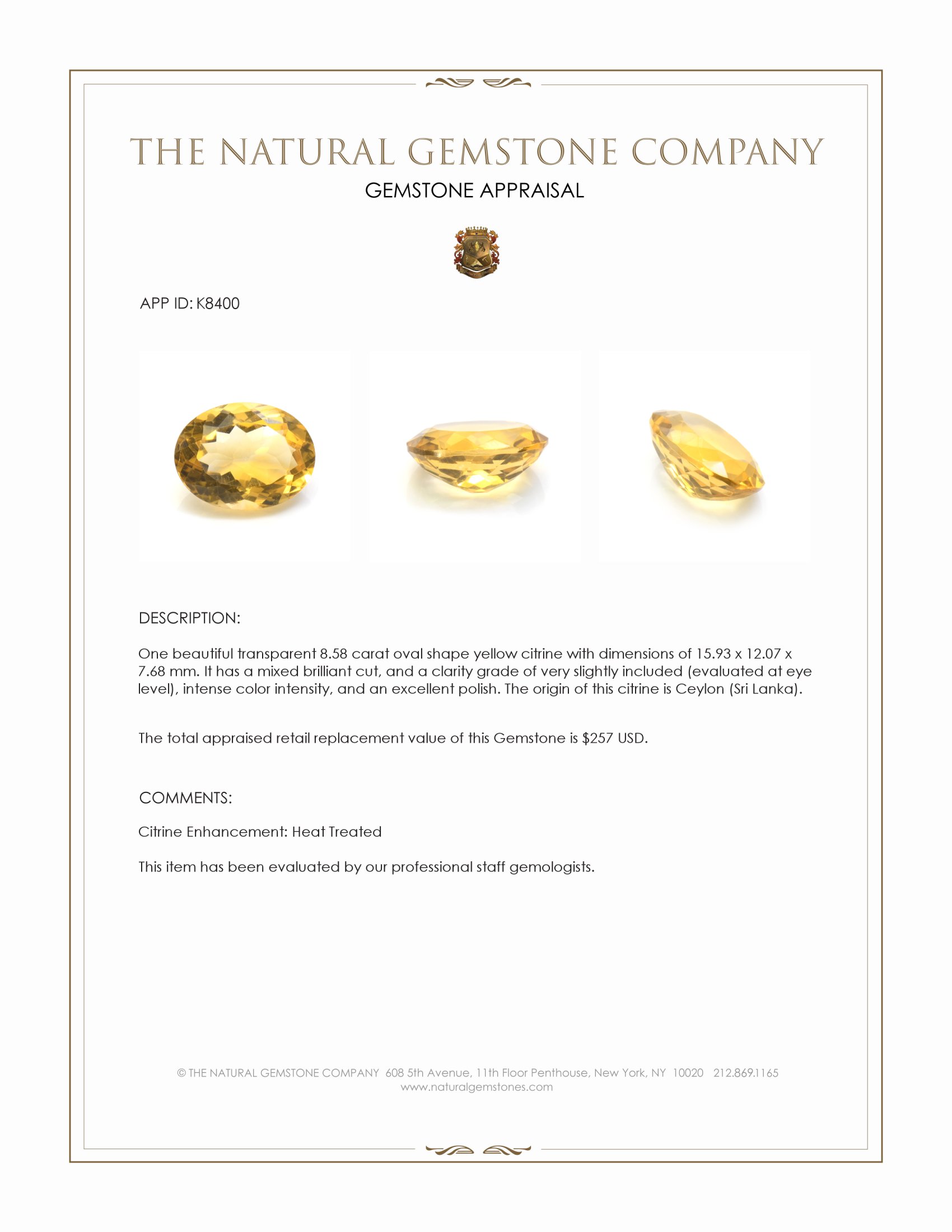 8.58 Ct. Citrine from Ceylon (Sri Lanka)