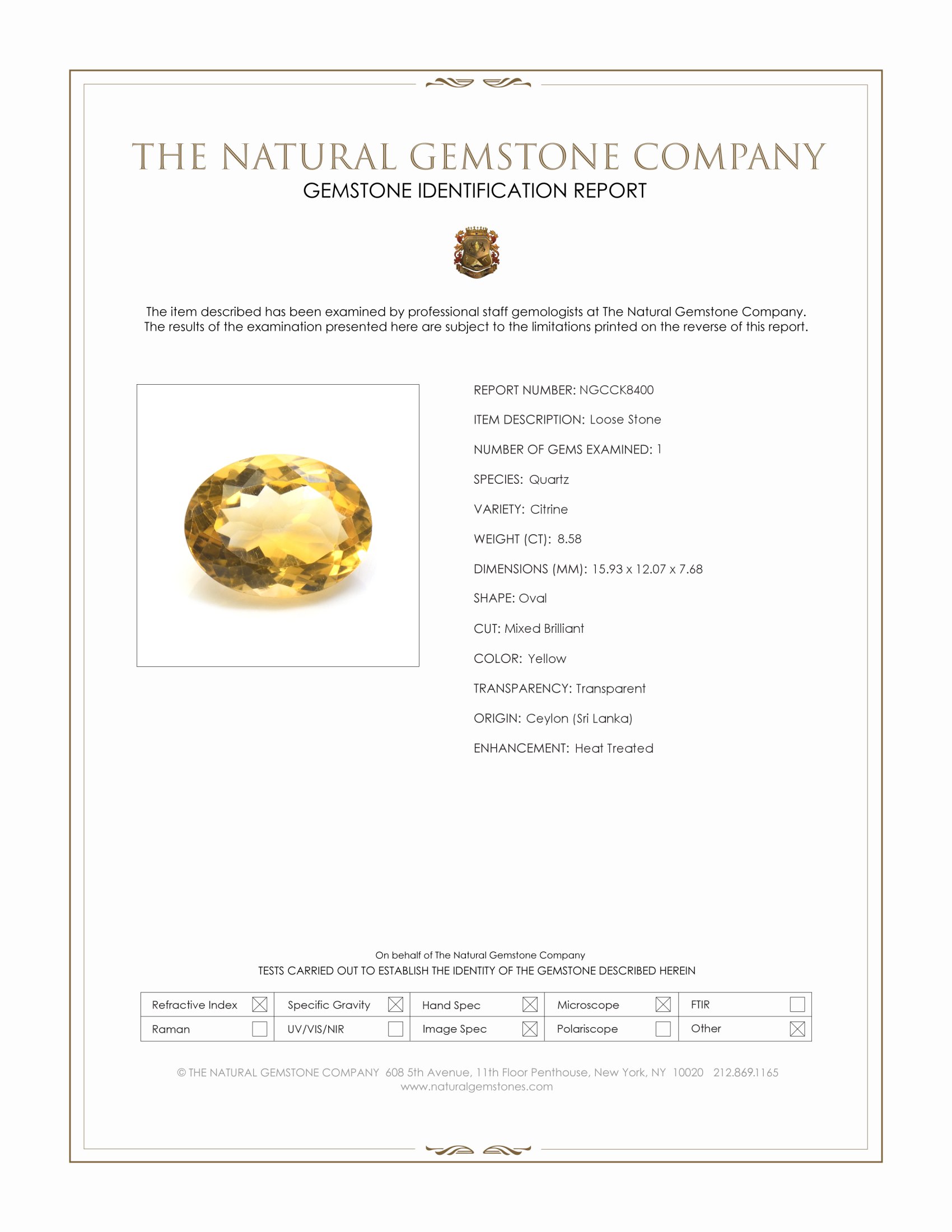 8.58 Ct. Yellow Citrine from Ceylon (Sri Lanka)
