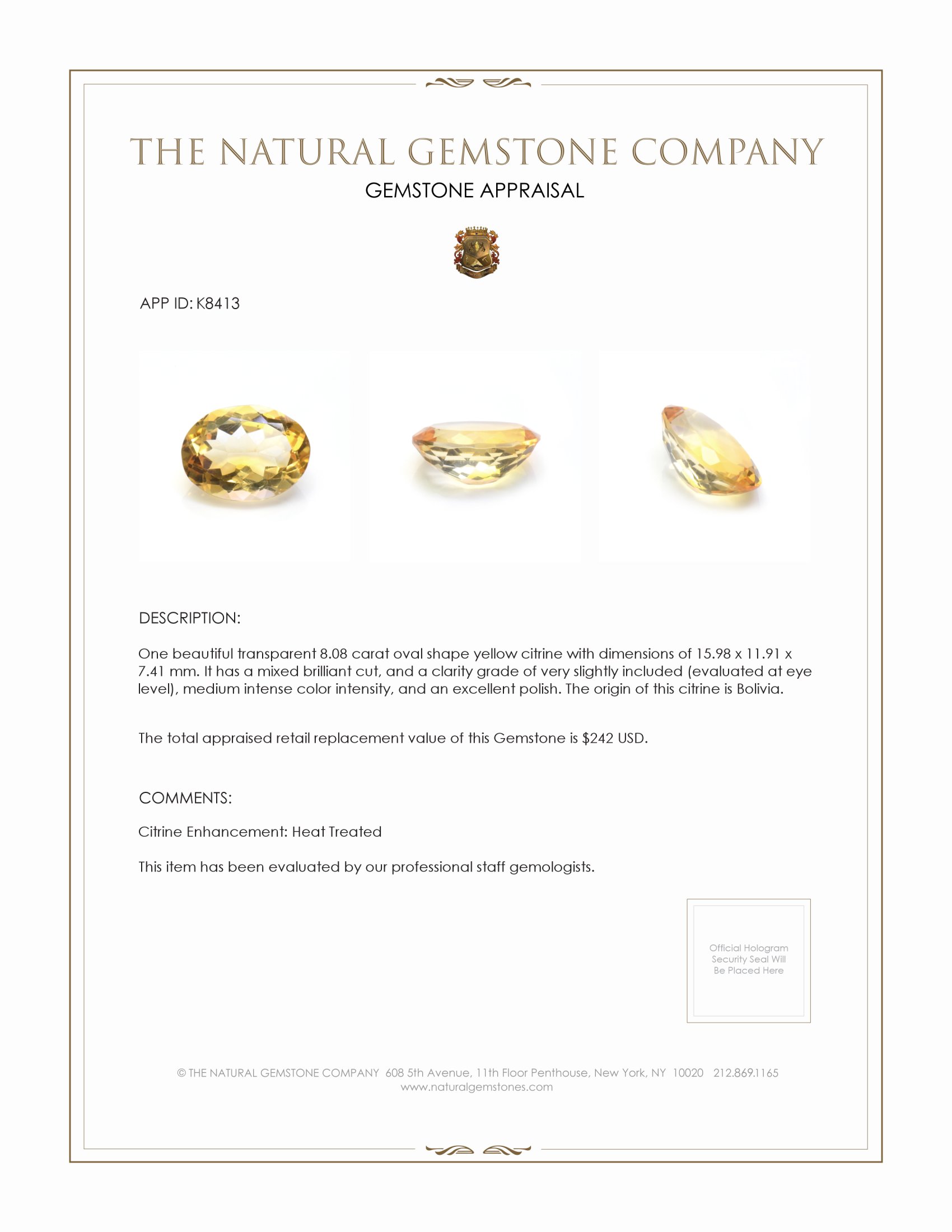 8.08 Ct. Citrine from Bolivia