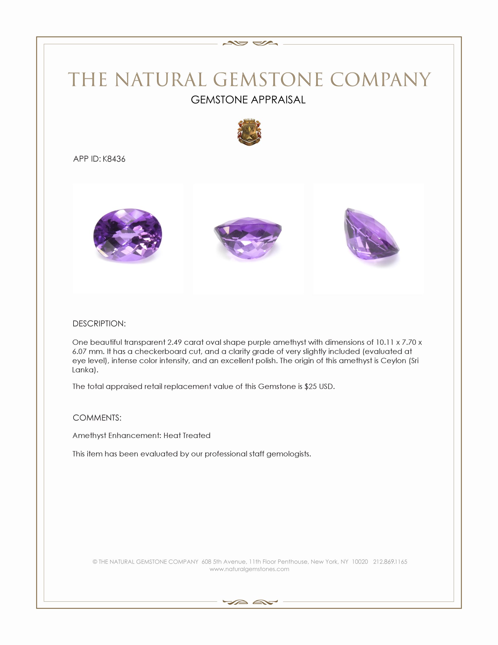 2.49 Ct. Purple Amethyst from Ceylon (Sri Lanka)