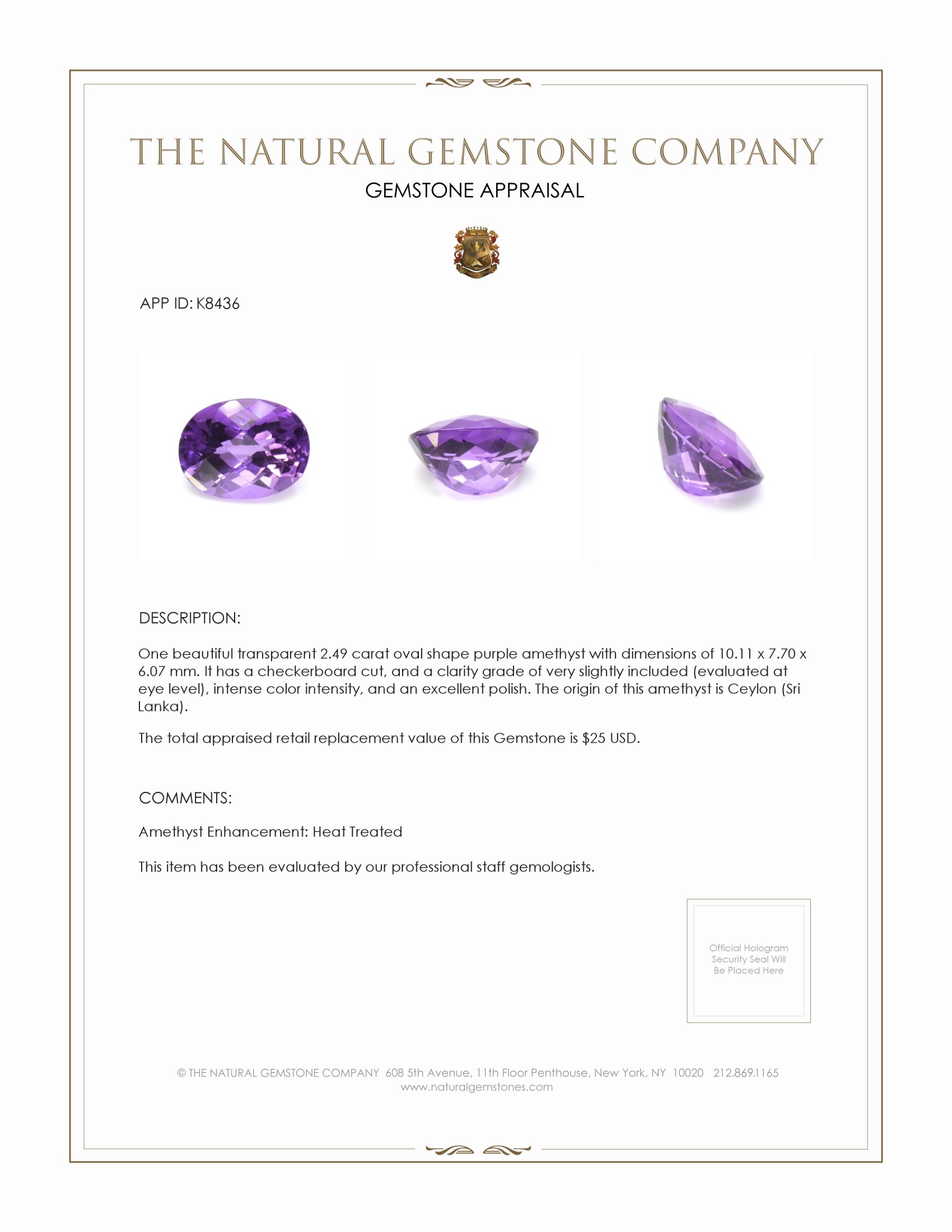 2.49 Ct. Amethyst from Ceylon (Sri Lanka)